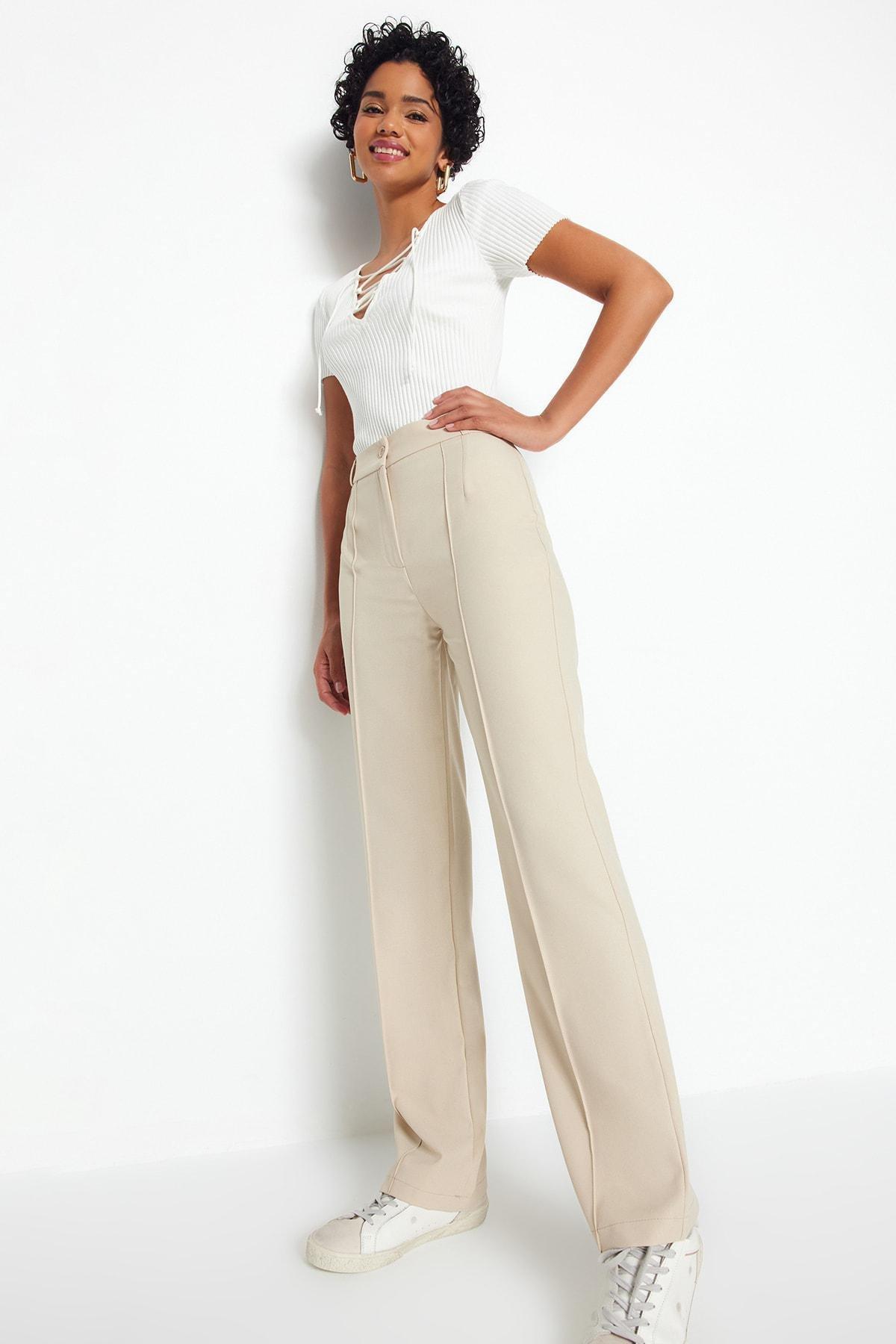 Beige Straight High Waist Rib Stitched Trousers, , large image number 0