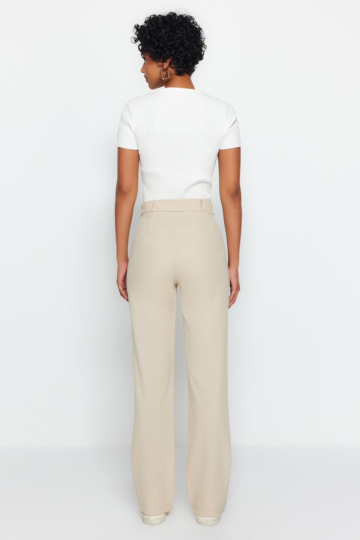 Beige Straight High Waist Rib Stitched Trousers, , large image number 1