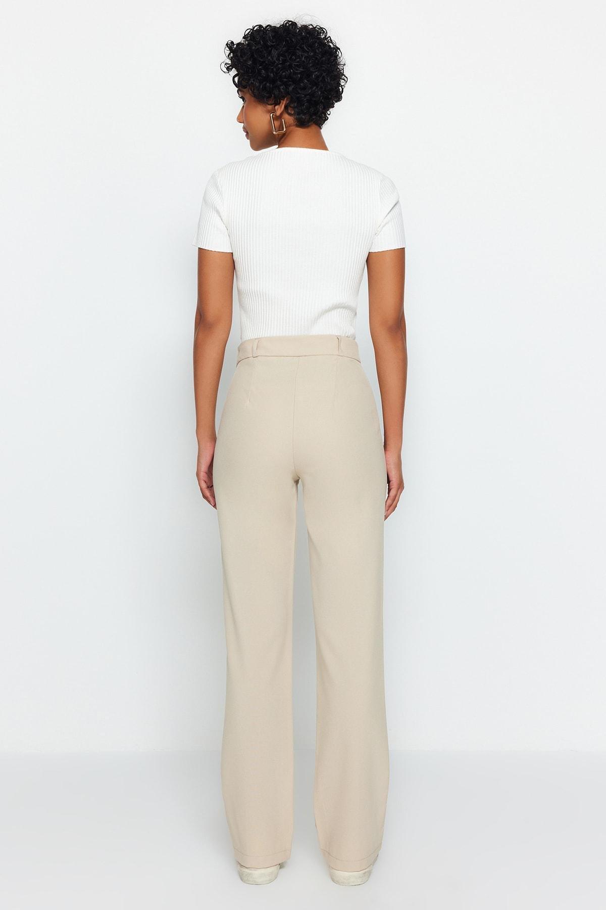 Trendyol - Beige Straight High Waist Rib Stitched Trousers