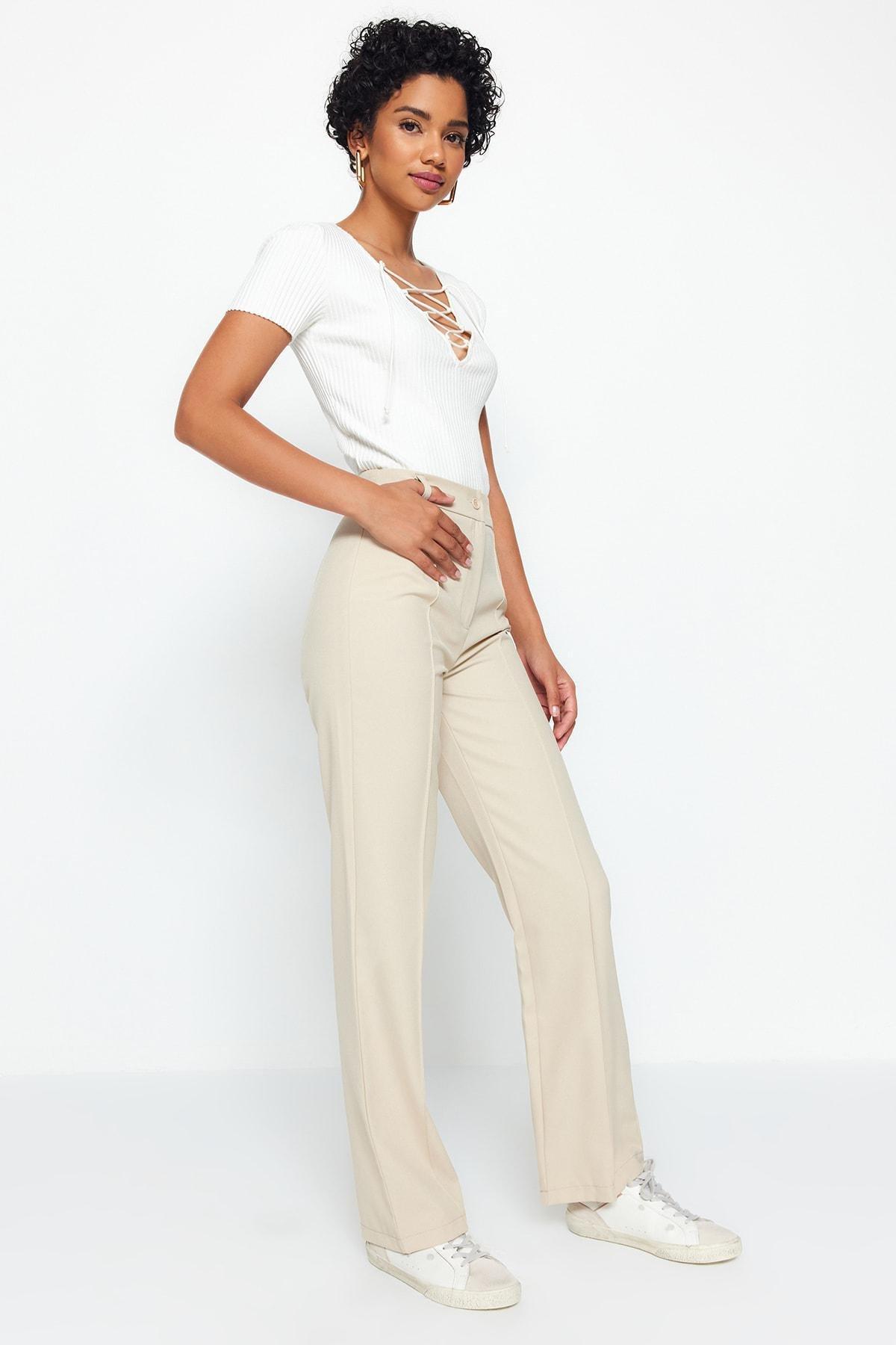 Beige Straight High Waist Rib Stitched Trousers, , large image number 2
