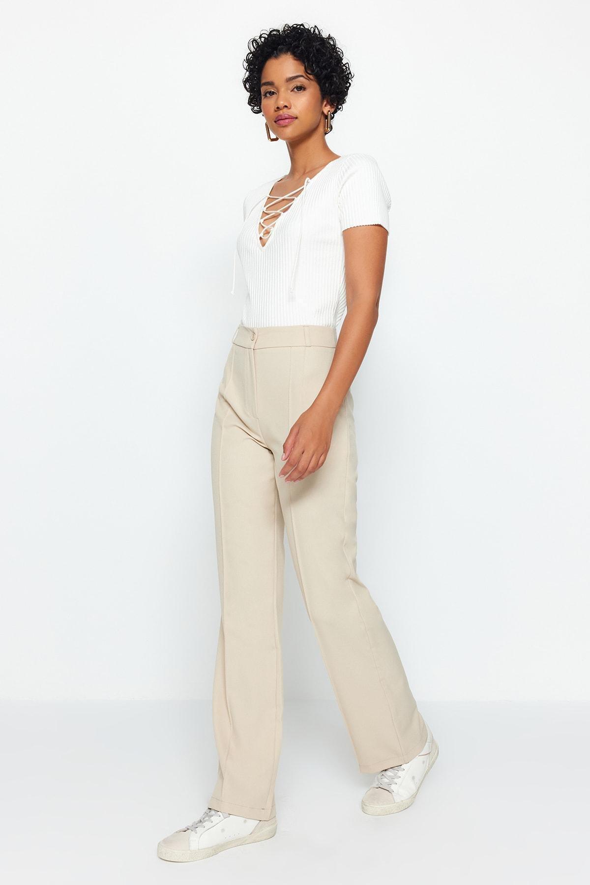 Beige Straight High Waist Rib Stitched Trousers, , large image number 3