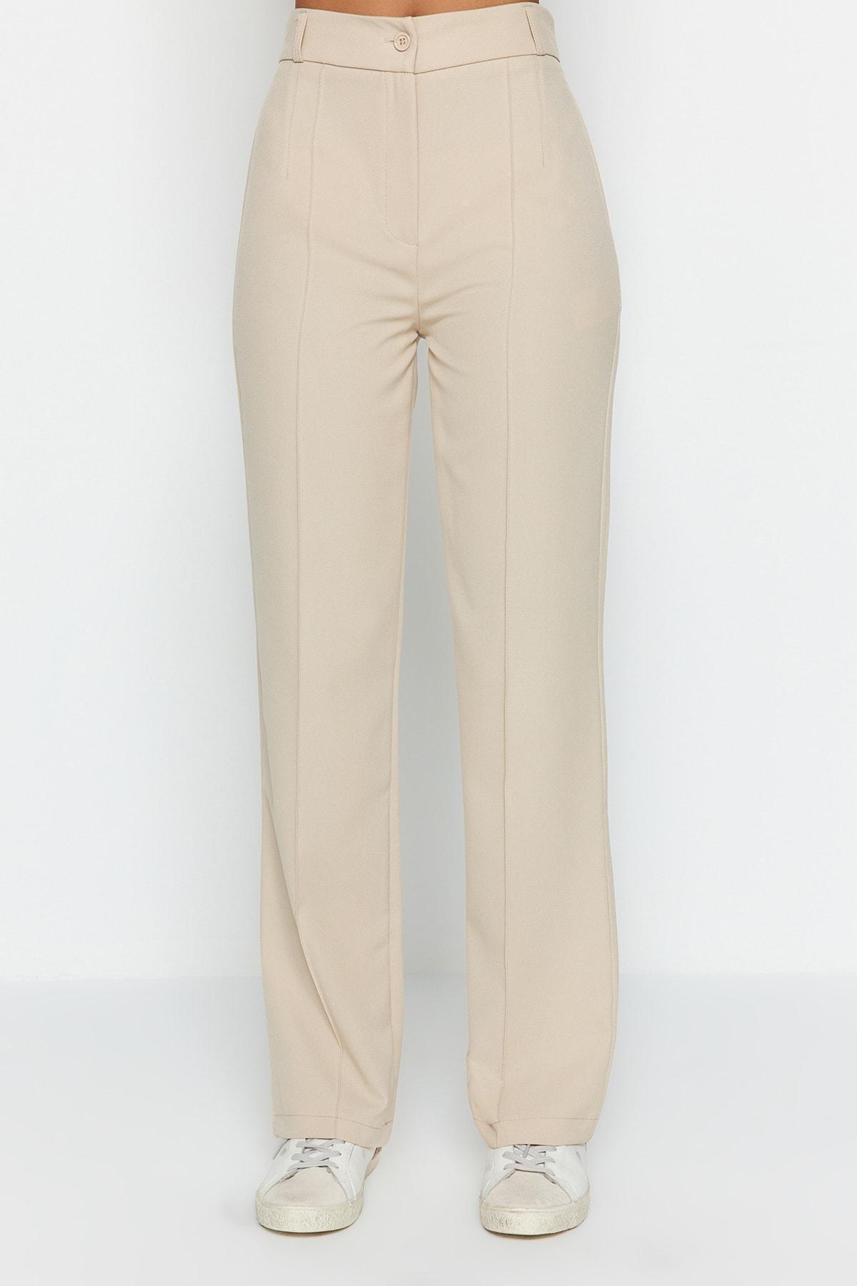 Beige Straight High Waist Rib Stitched Trousers, , large image number 4