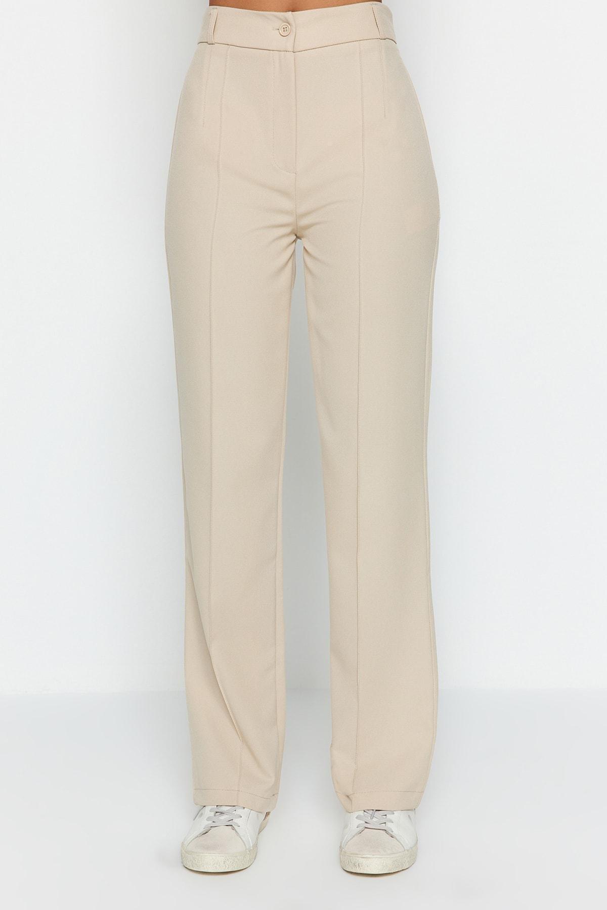 Trendyol - Beige Straight High Waist Rib Stitched Trousers