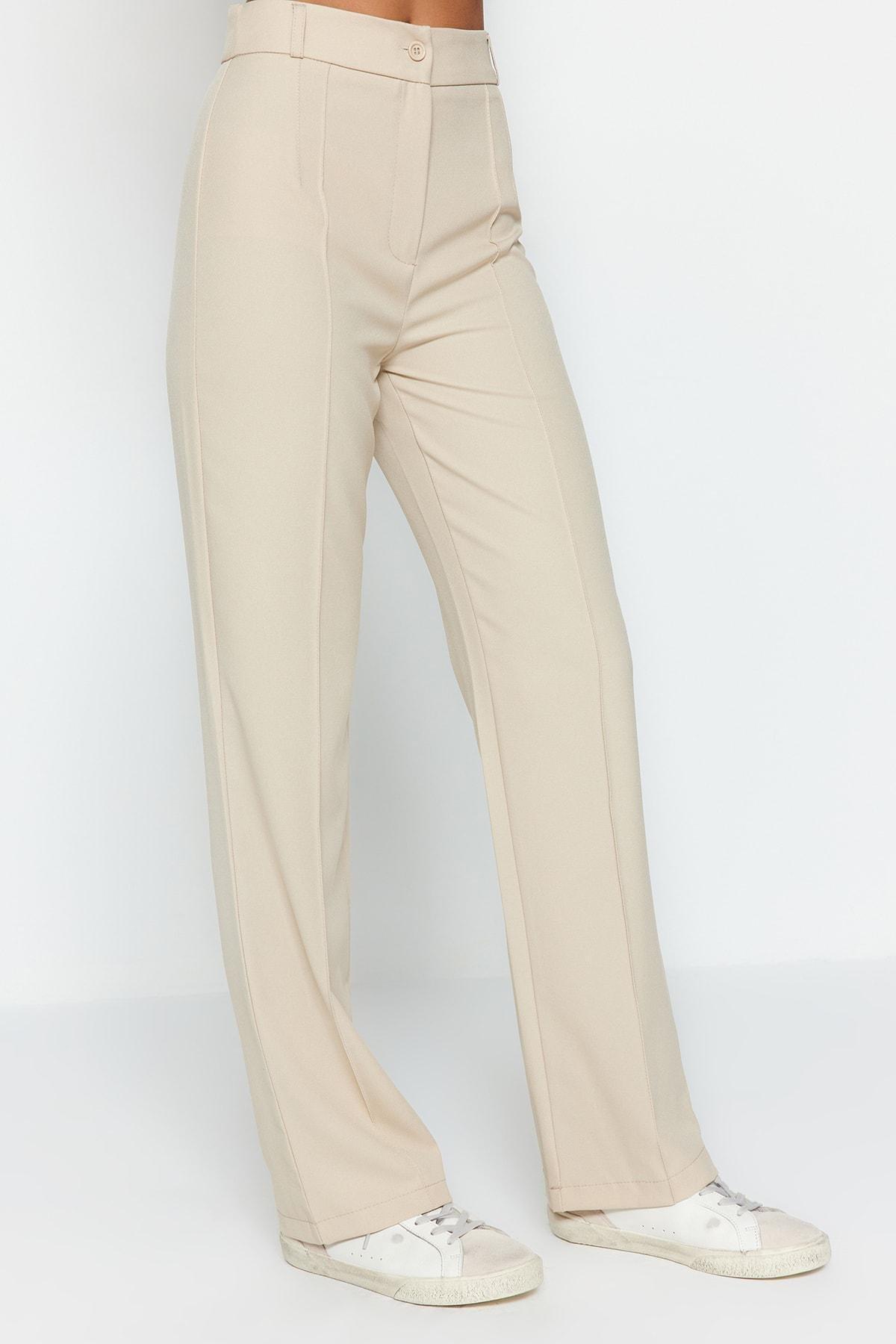 Trendyol - Beige Straight High Waist Rib Stitched Trousers