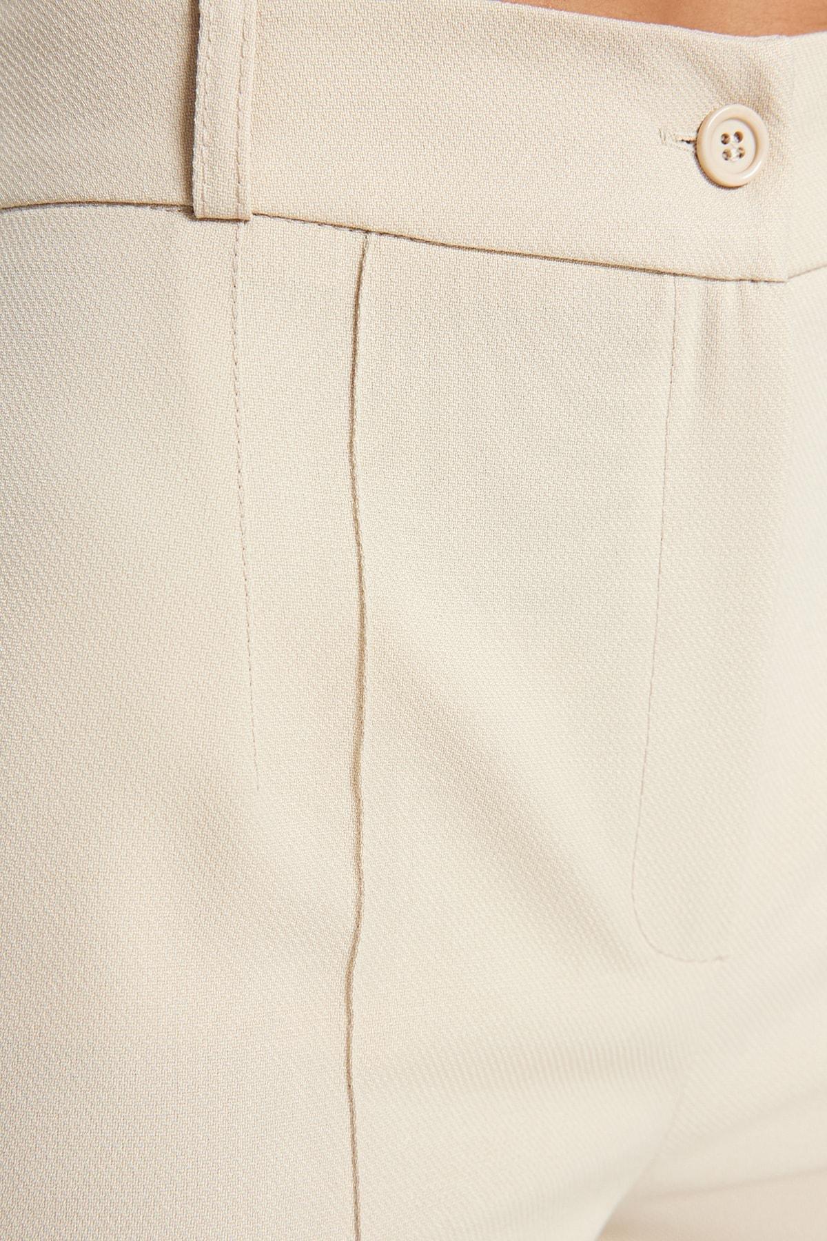 Beige Straight High Waist Rib Stitched Trousers, , large image number 6