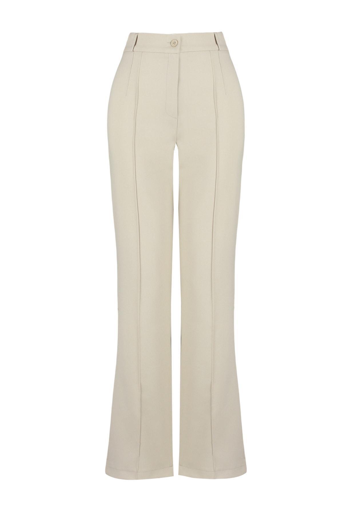 Beige Straight High Waist Rib Stitched Trousers, , large image number 7