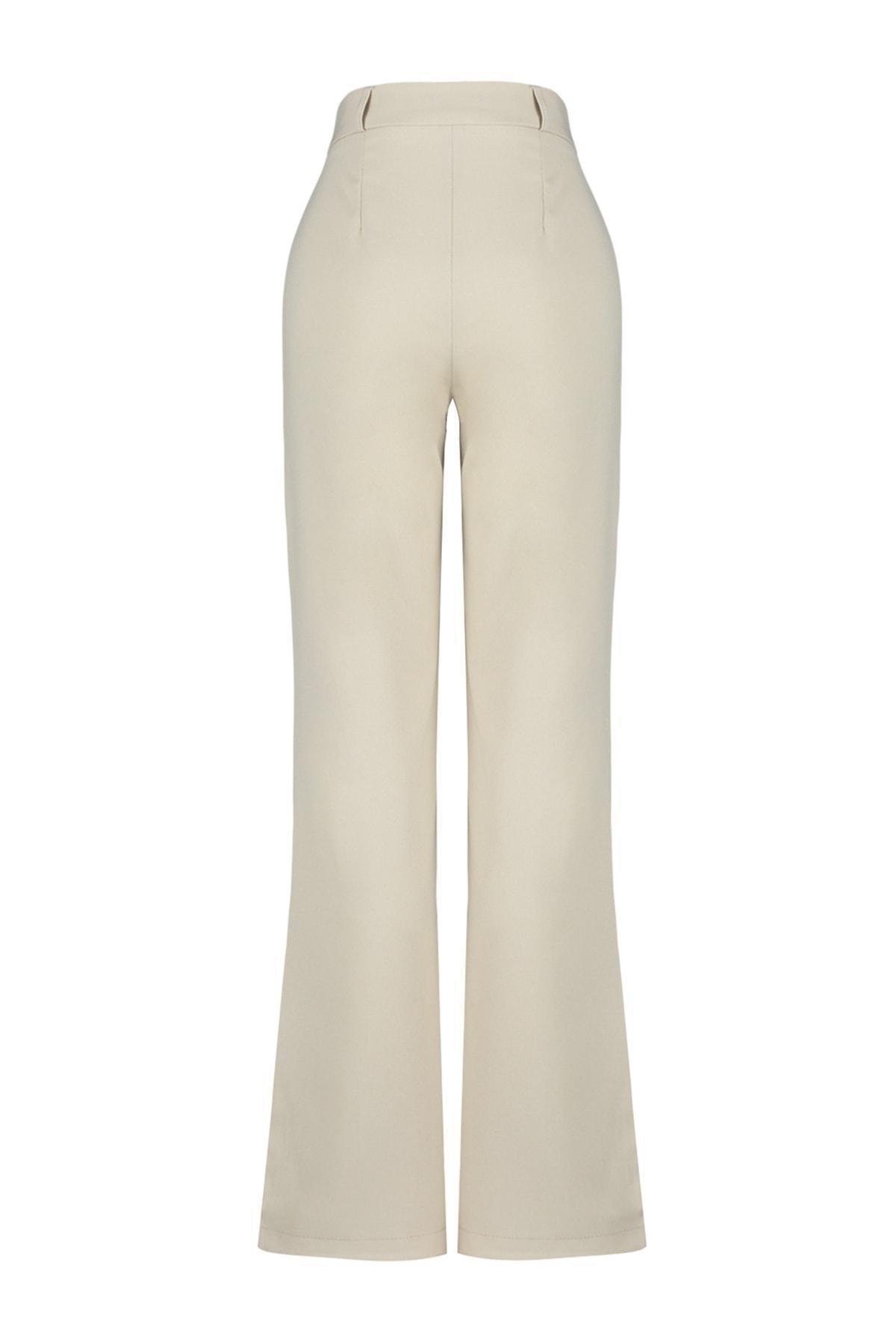 Trendyol - Beige Straight High Waist Rib Stitched Trousers