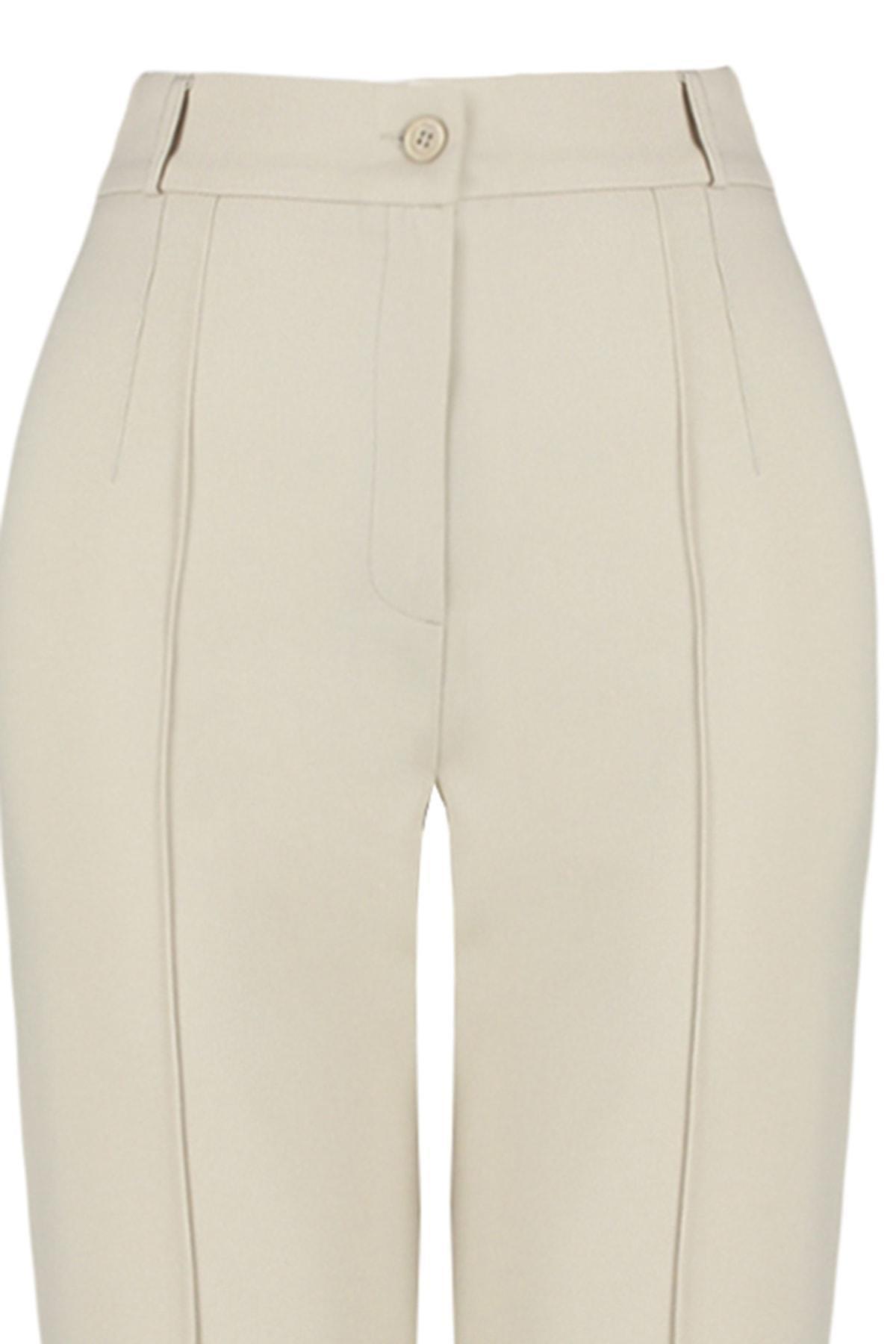 Beige Straight High Waist Rib Stitched Trousers, , large image number 9