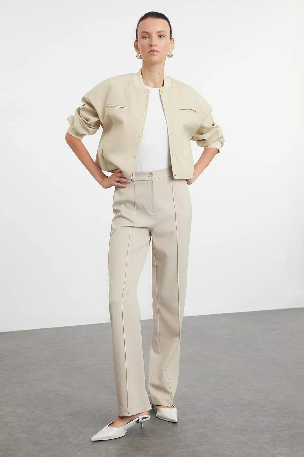 Beige Straight High Waist Rib Stitched Trousers, , large image number 12