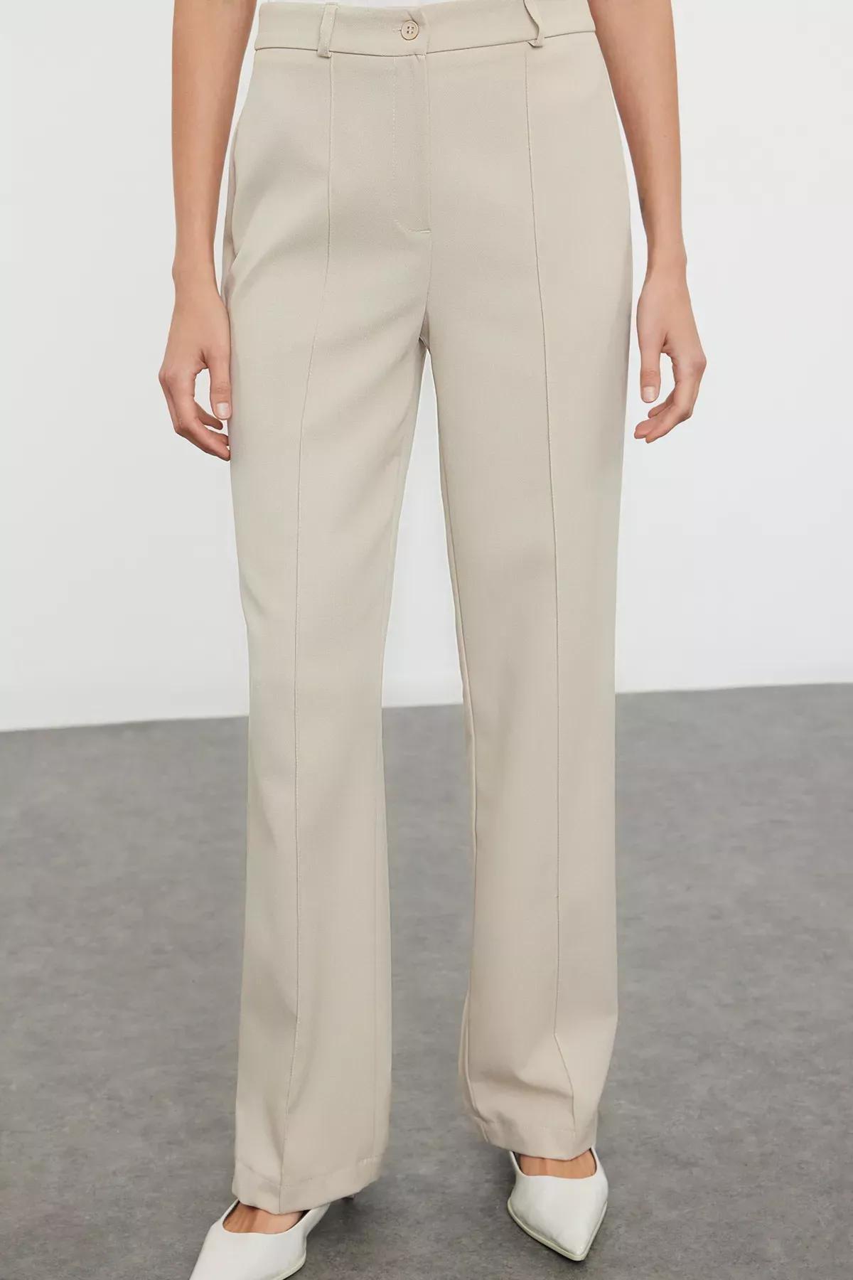 Beige Straight High Waist Rib Stitched Trousers, , large image number 13