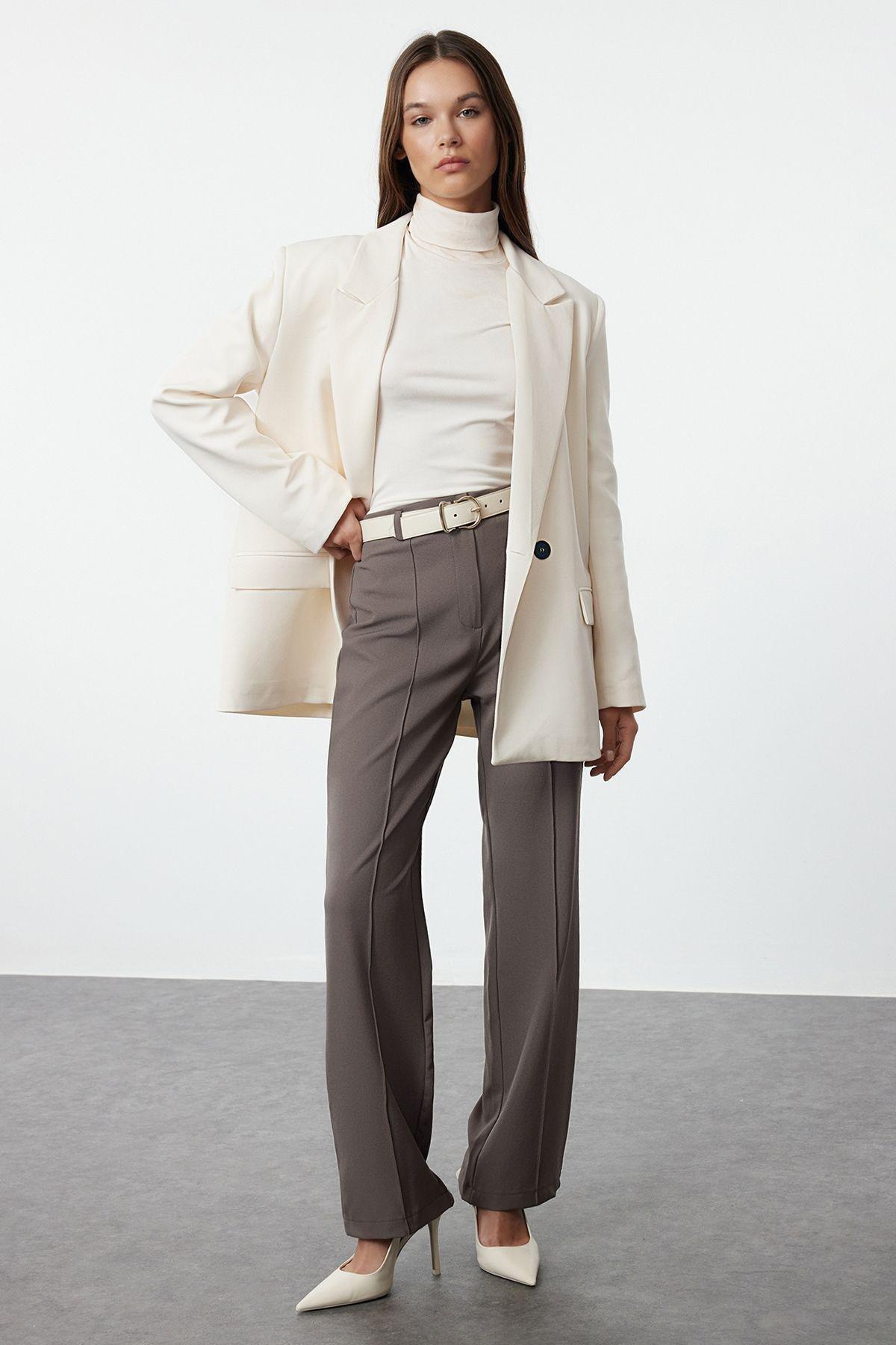 Grey High Waist Ribbed Stitched Woven Trousers, , large image number 0
