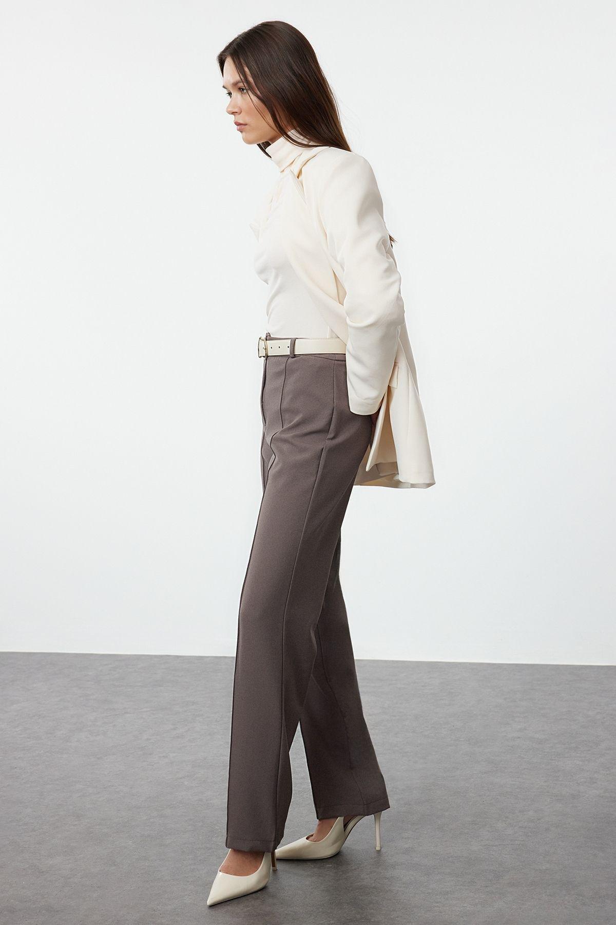 Grey High Waist Ribbed Stitched Woven Trousers, , large image number 1