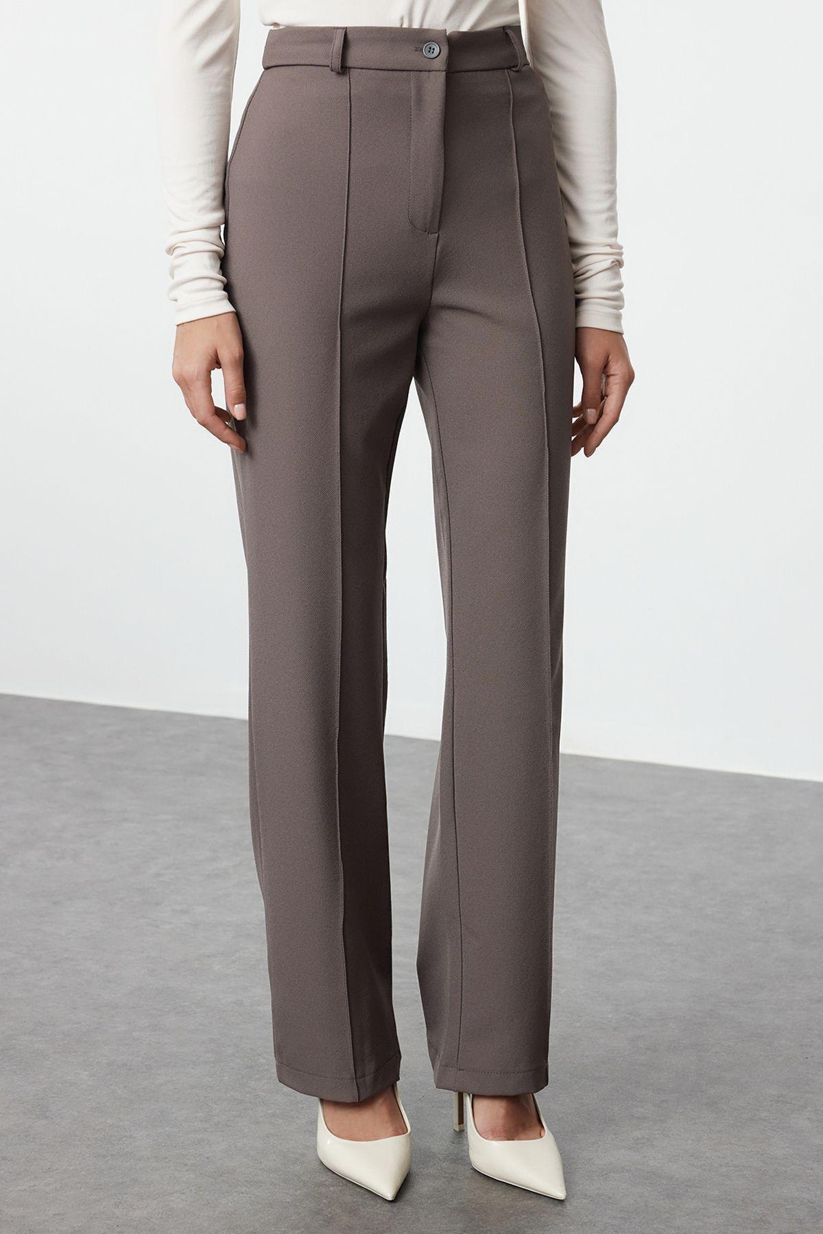 Grey High Waist Ribbed Stitched Woven Trousers, Anthracite, large image number 3