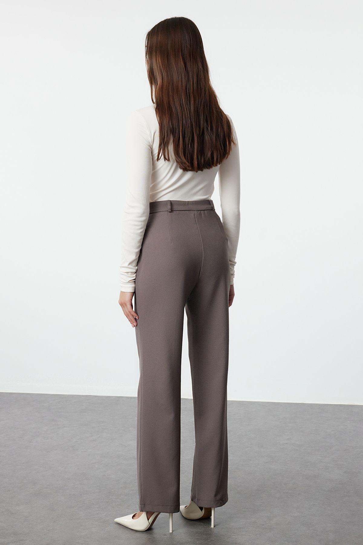 Grey High Waist Ribbed Stitched Woven Trousers, Anthracite, large image number 4