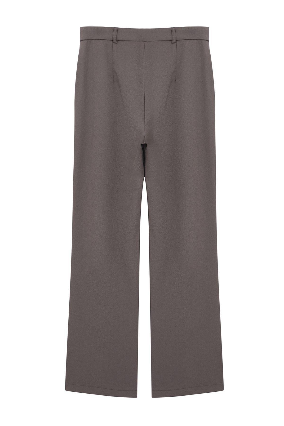 Grey High Waist Ribbed Stitched Woven Trousers, Anthracite, large image number 5