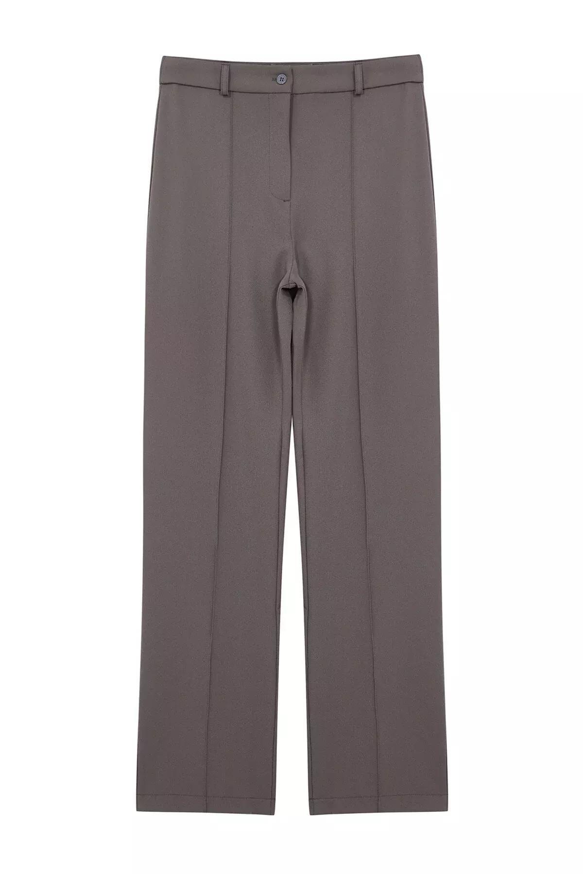 Grey High Waist Ribbed Stitched Woven Trousers, Anthracite, large image number 6