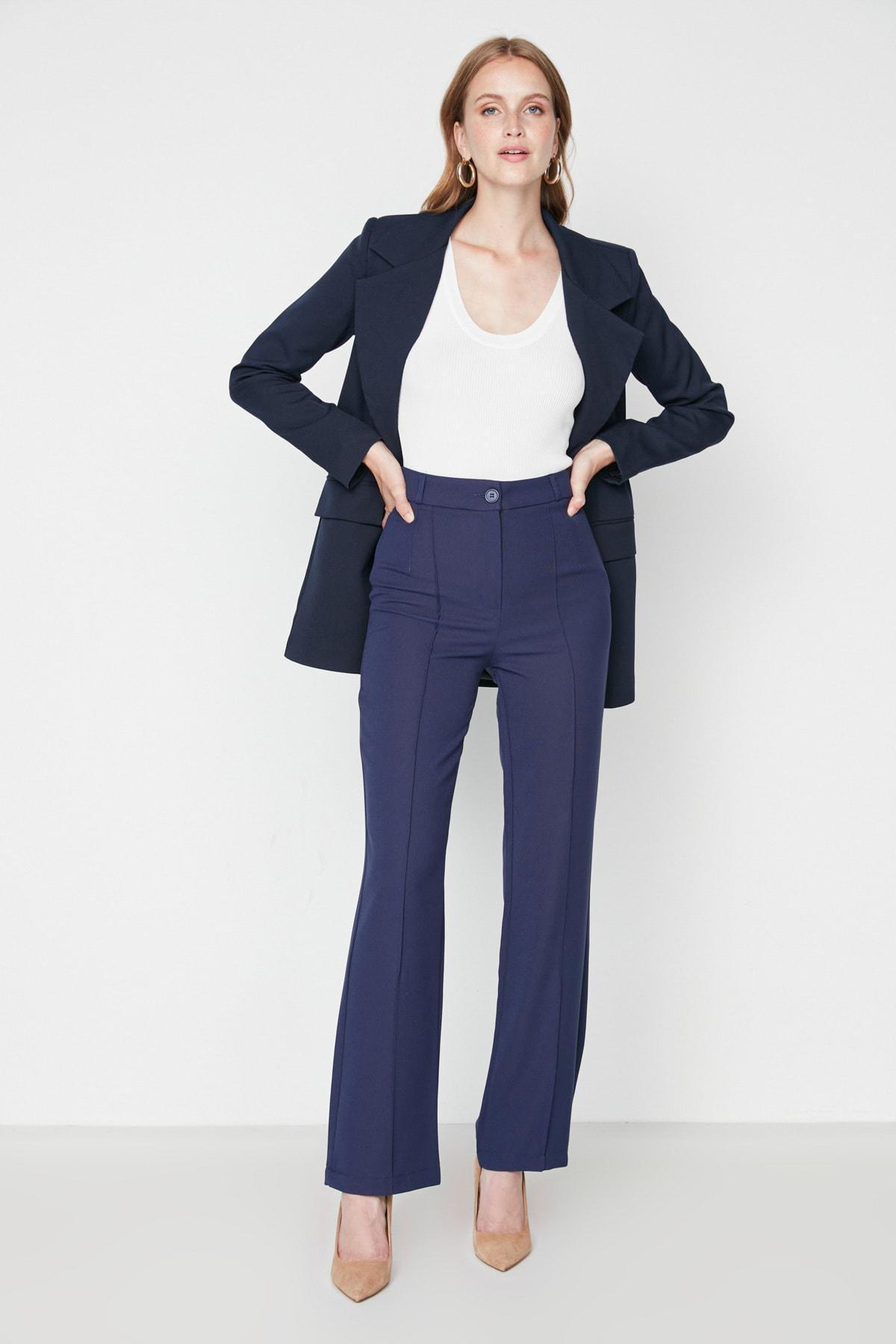 Navy High Waist Wide Leg Pants, , large image number 0