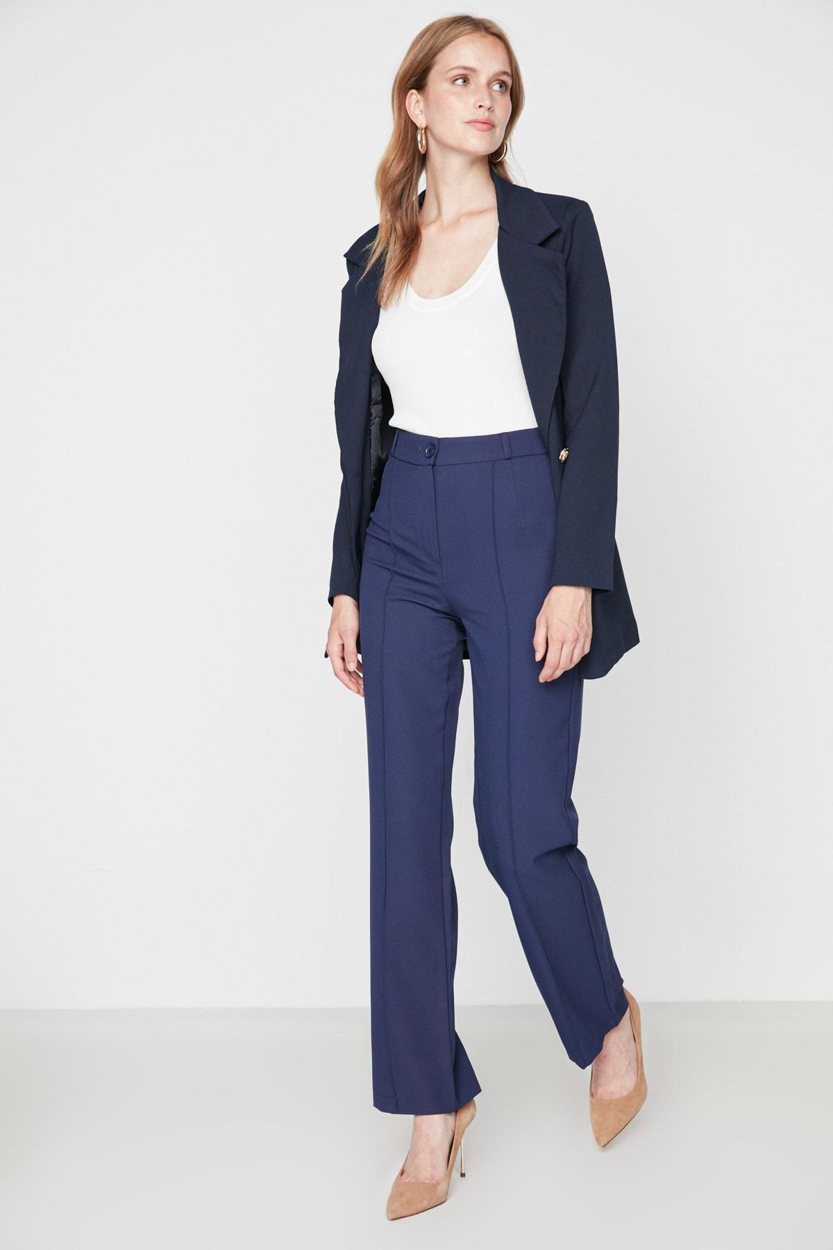 Navy High Waist Wide Leg Pants, , large image number 1