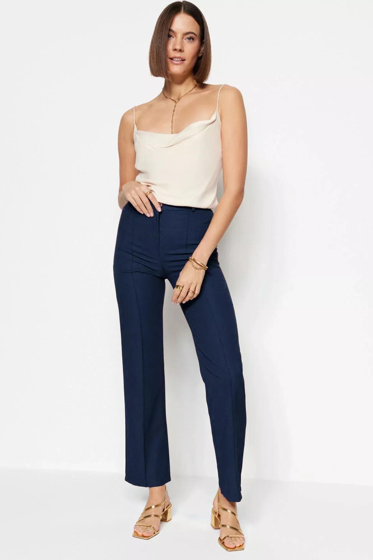 Navy High Waist Wide Leg Pants, Dark blue, medium