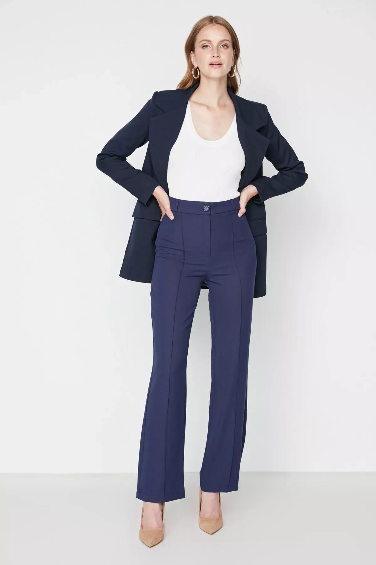 Navy High Waist Wide Leg Pants, , large image number 9