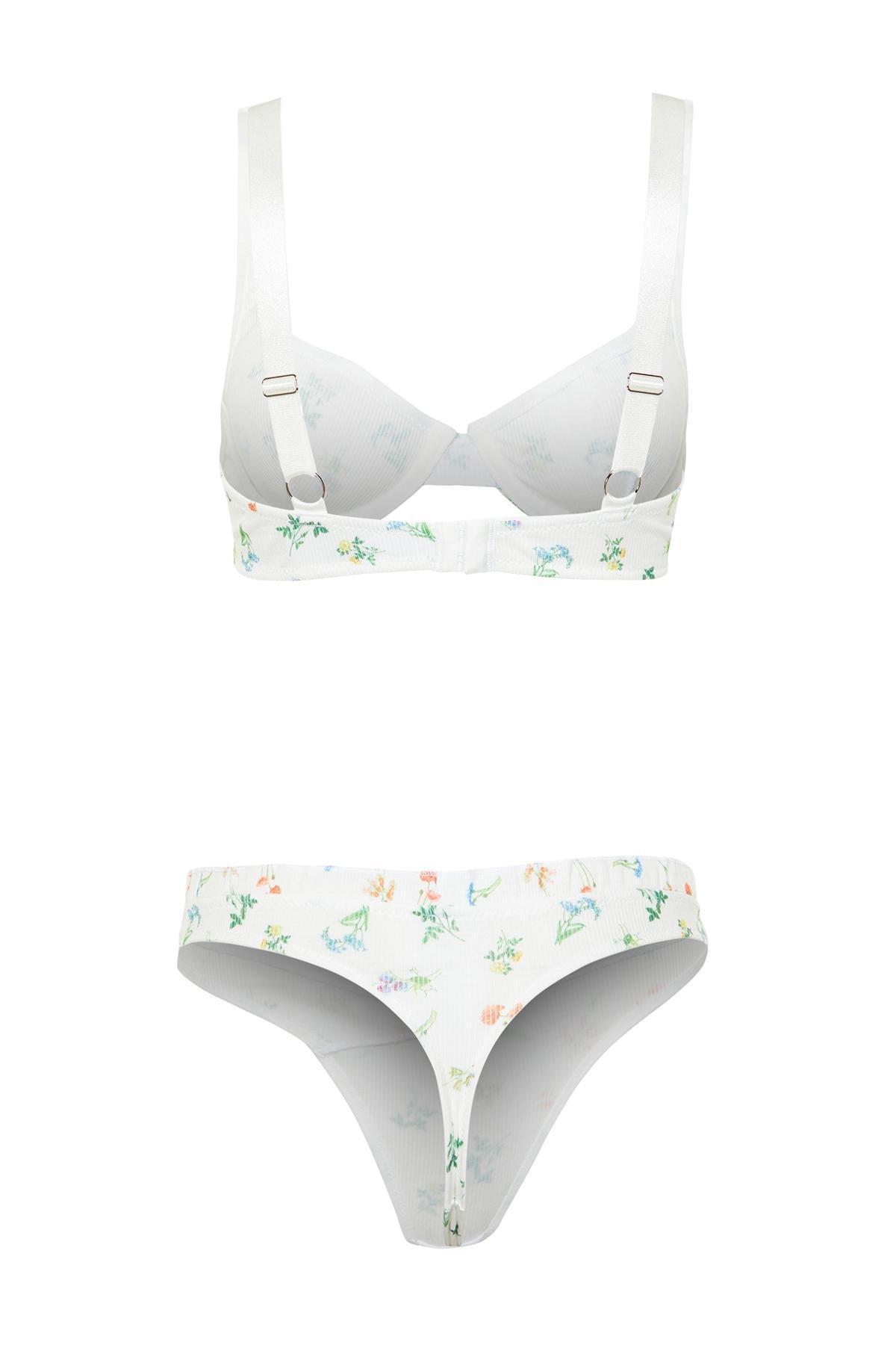 Ecru Floral Capless Knitted Underwear Set, , large image number 2