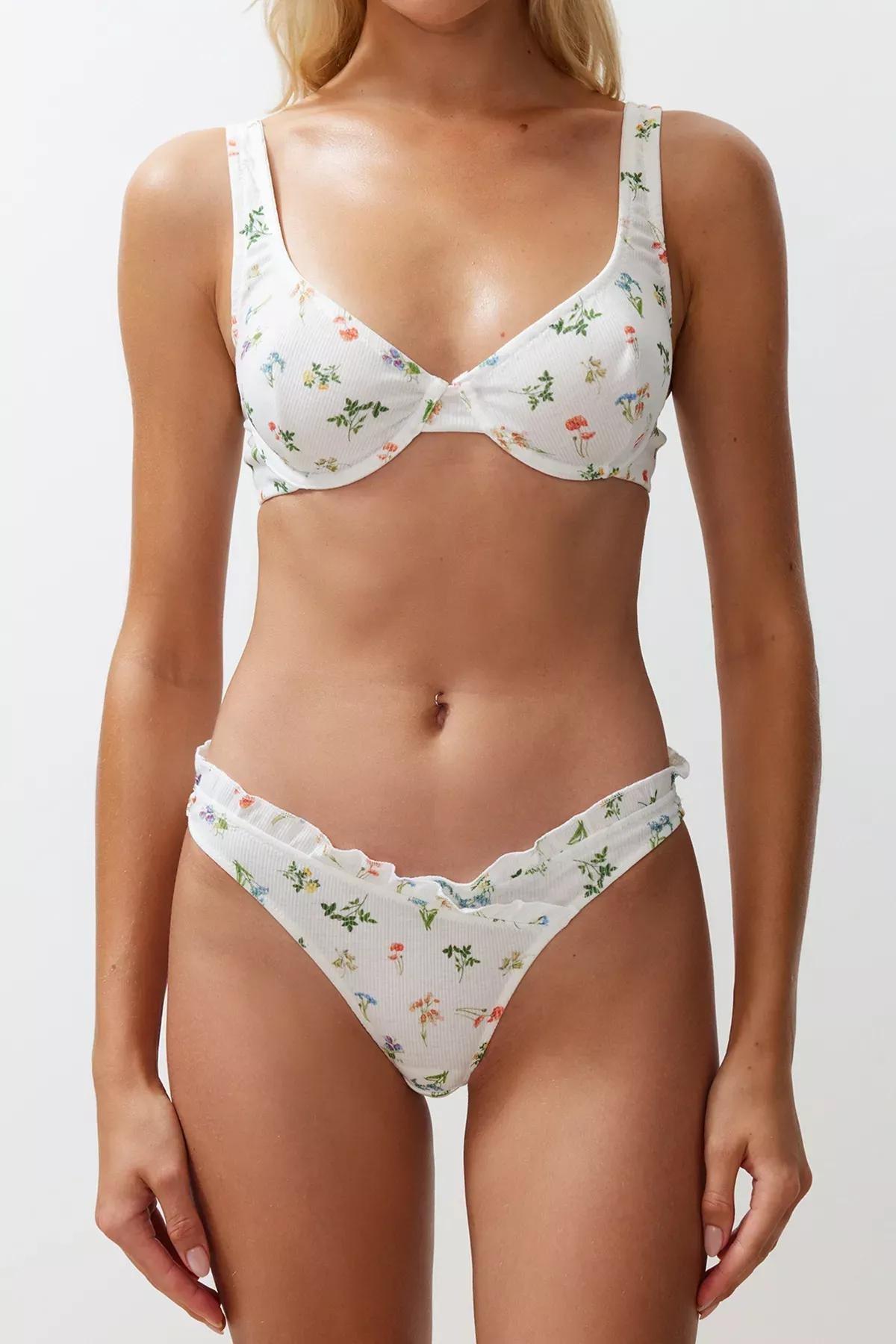 Ecru Floral Capless Knitted Underwear Set, Ecru, large image number 3
