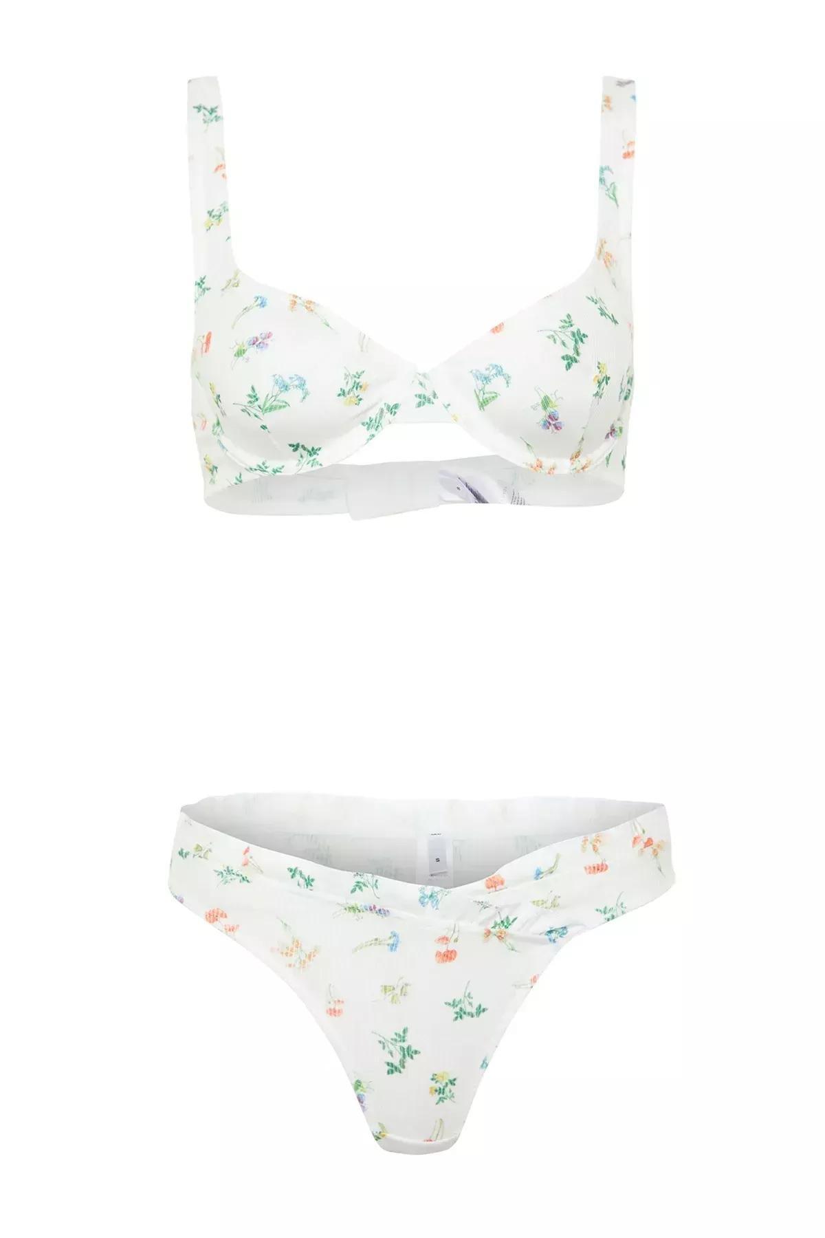 Ecru Floral Capless Knitted Underwear Set, Ecru, large image number 5