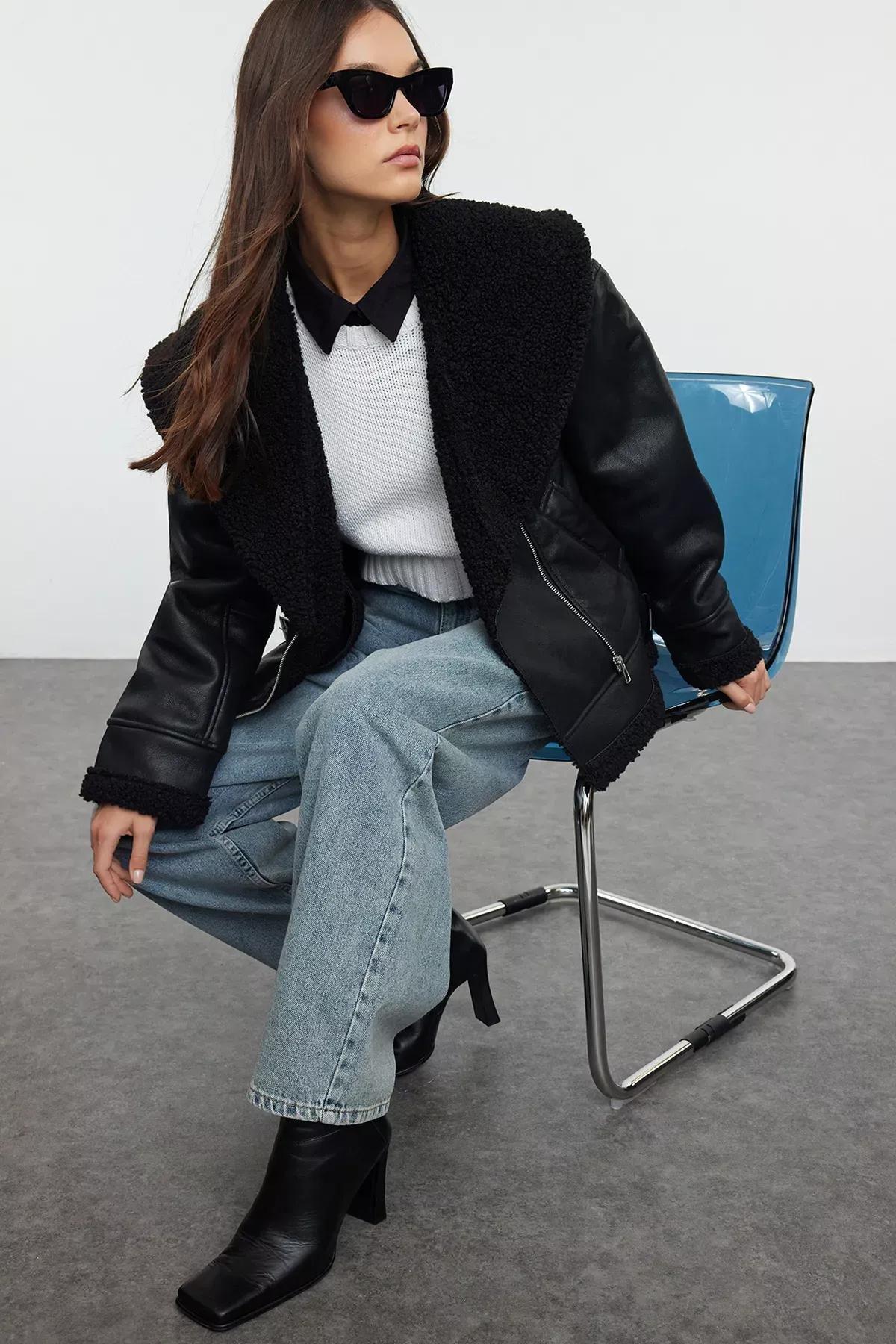 Black Plush Faux Leather Biker Jacket, BLACK, medium