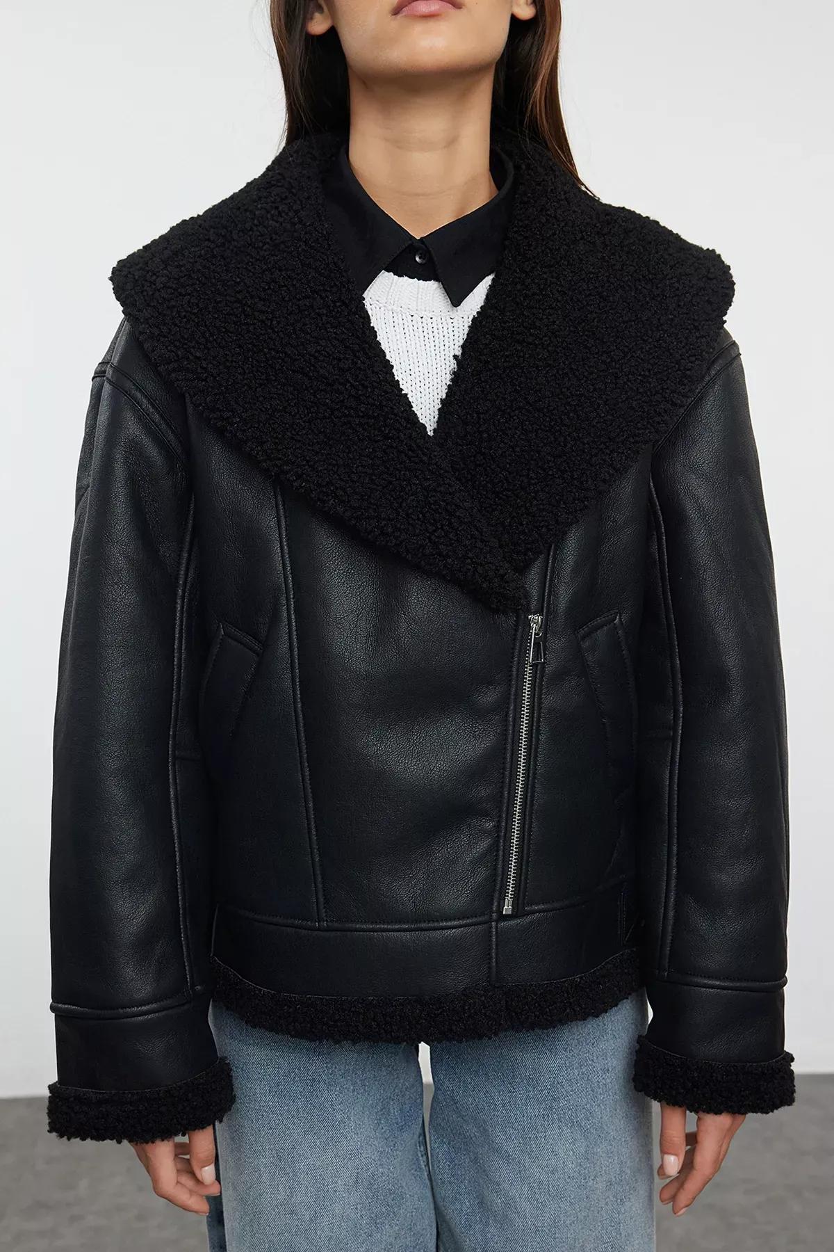 Black Plush Faux Leather Biker Jacket, BLACK, medium