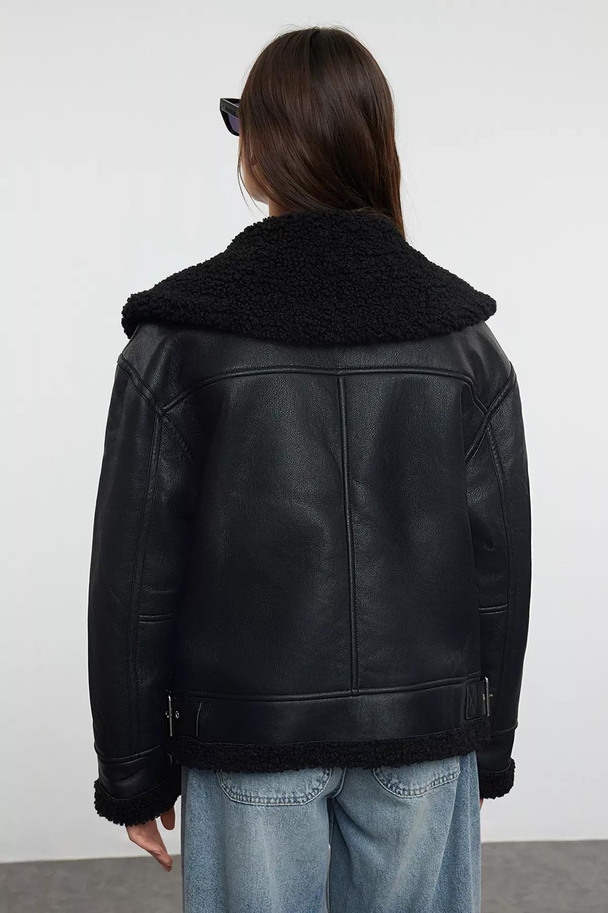 Black Plush Faux Leather Biker Jacket, BLACK, large image number 4