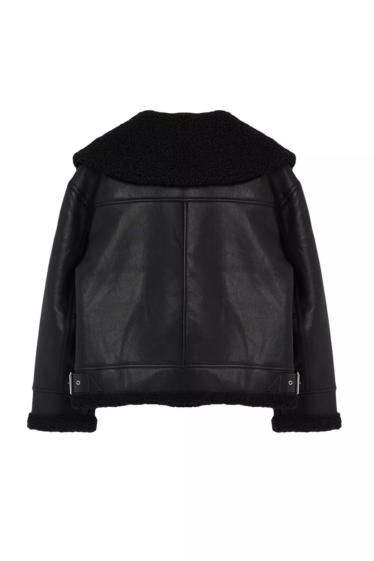 Black Plush Faux Leather Biker Jacket, BLACK, large image number 5