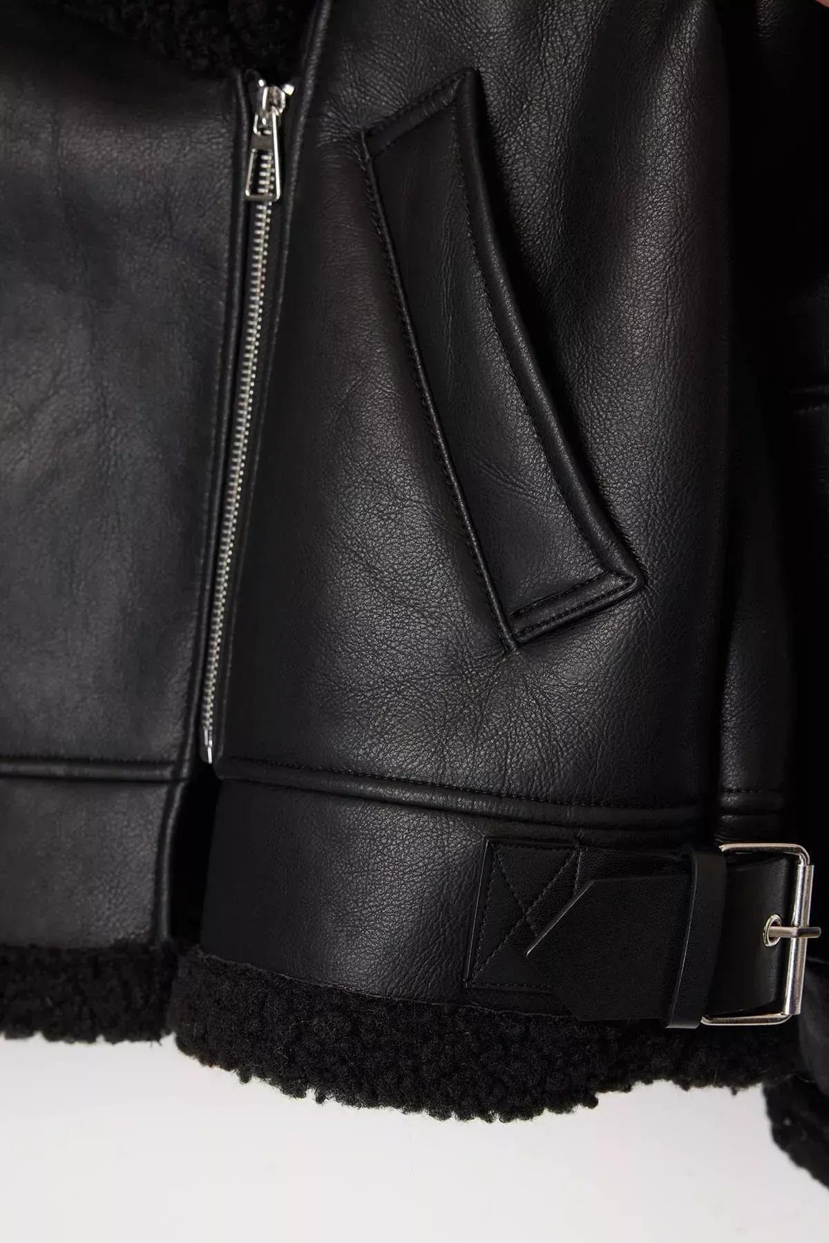 Black Plush Faux Leather Biker Jacket, BLACK, large image number 7