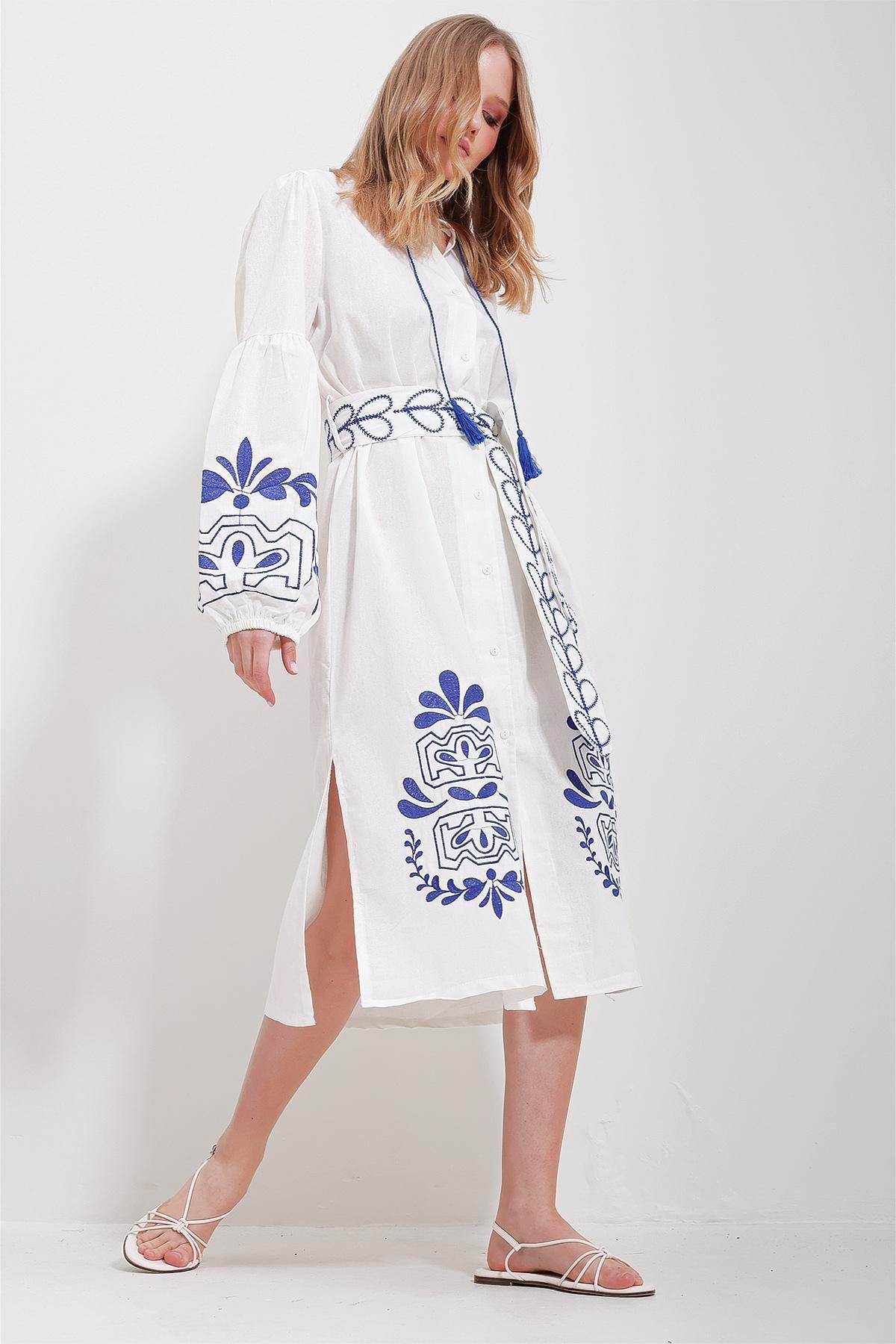 White Embroidered Midi Dress, , large image number 1