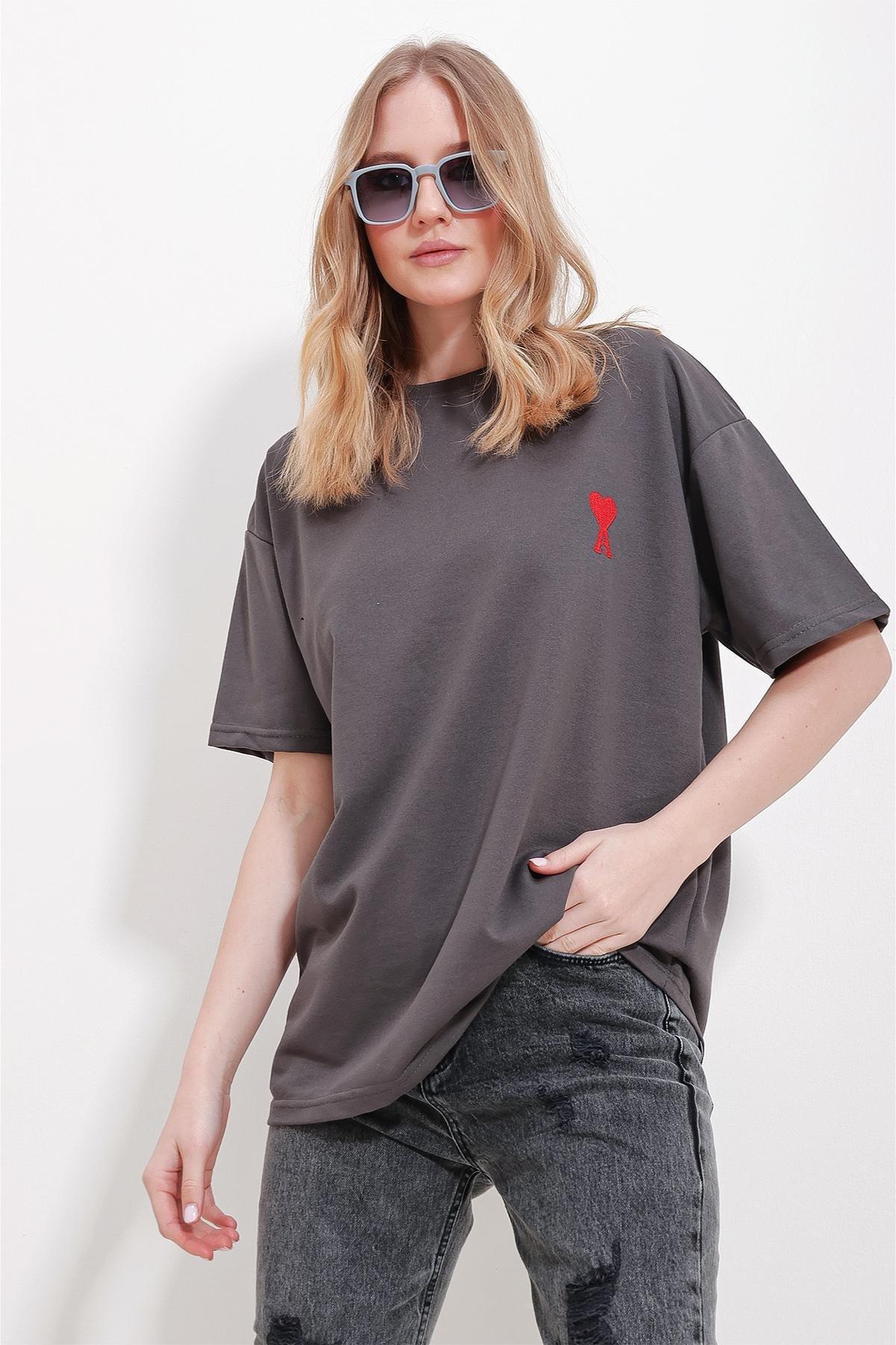 Grey Crew Neck Embroidered Oversized T-Shirt, , large image number 0