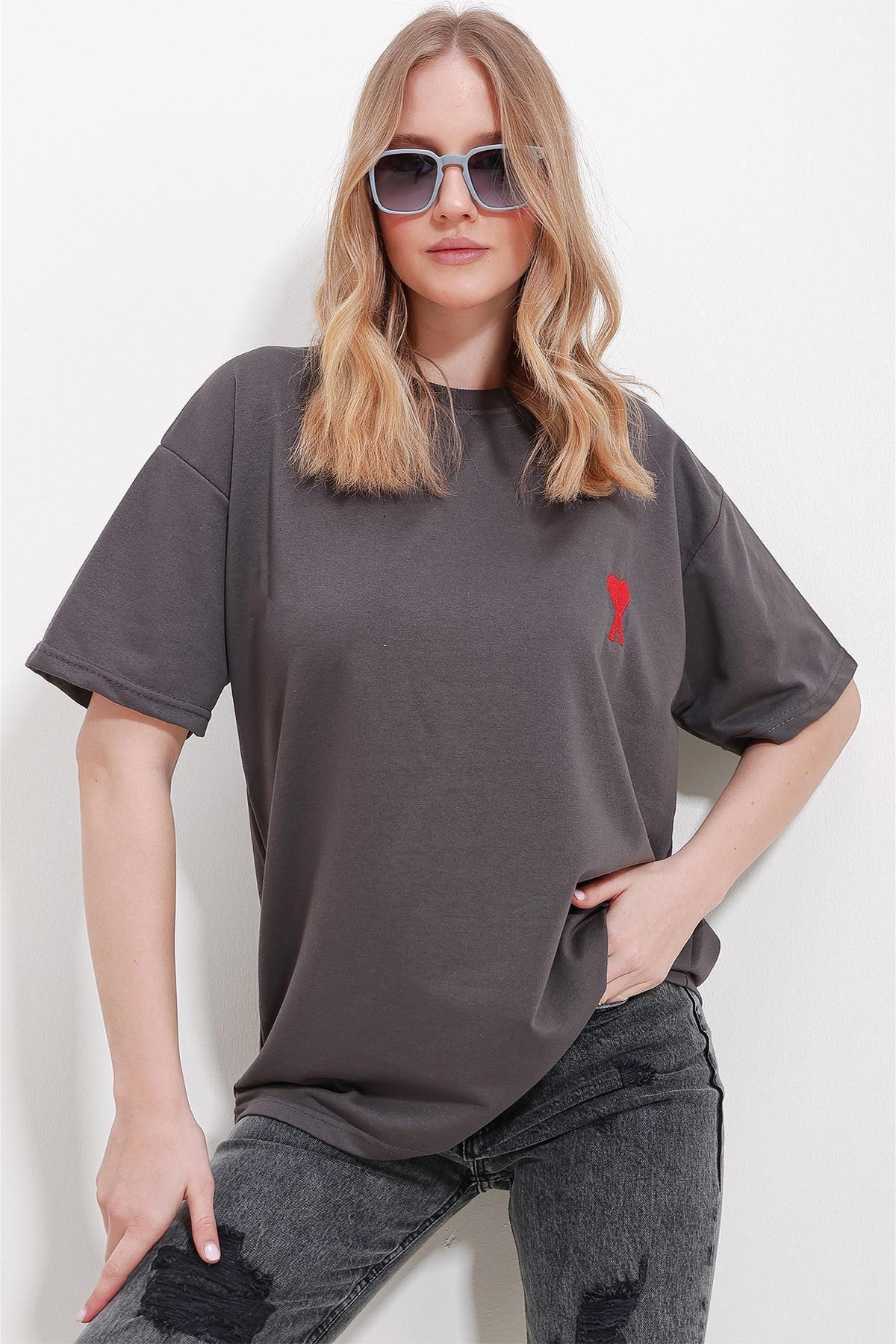Grey Crew Neck Embroidered Oversized T-Shirt, , large image number 2