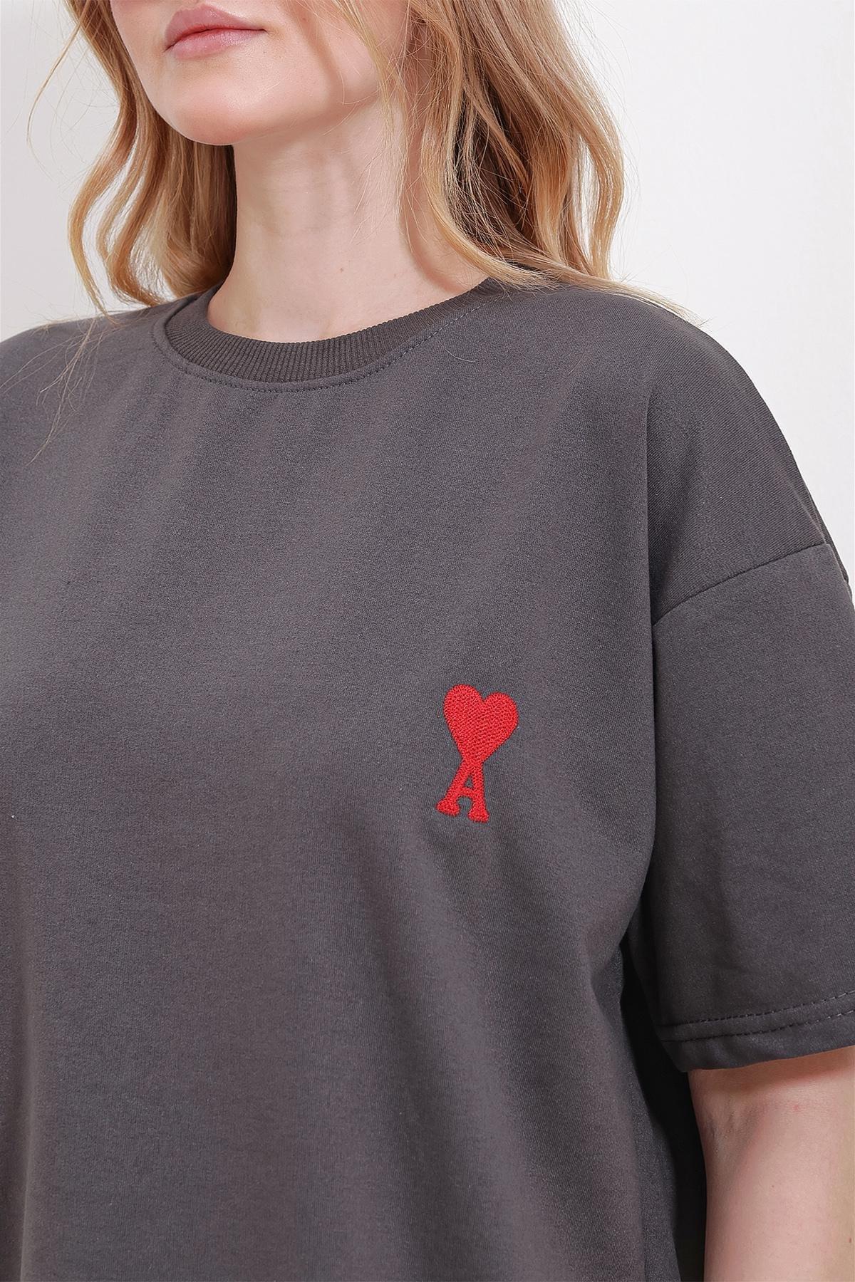 Grey Crew Neck Embroidered Oversized T-Shirt, , large image number 4