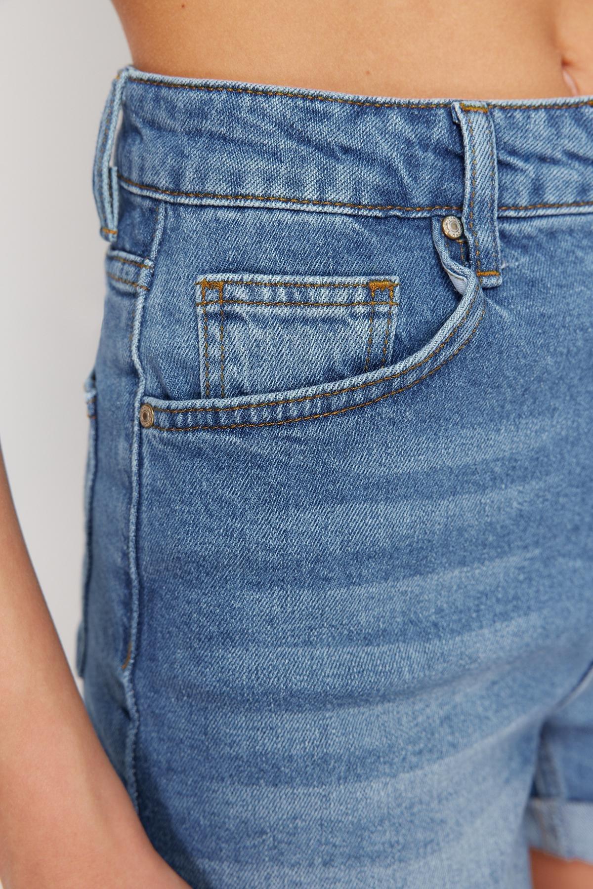 Blue Folded Cuff Denim Shorts, , large image number 4