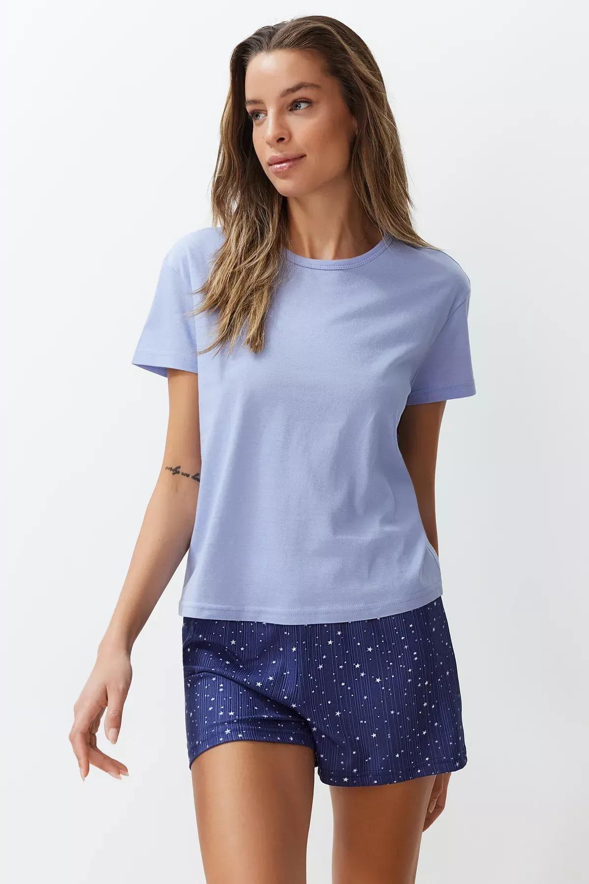 Blue Patterned Knitted Pyjamas Set, , medium