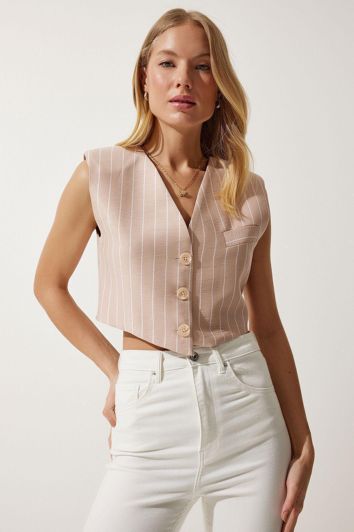 Cream Striped Mini Woven Vest, , large image number 1