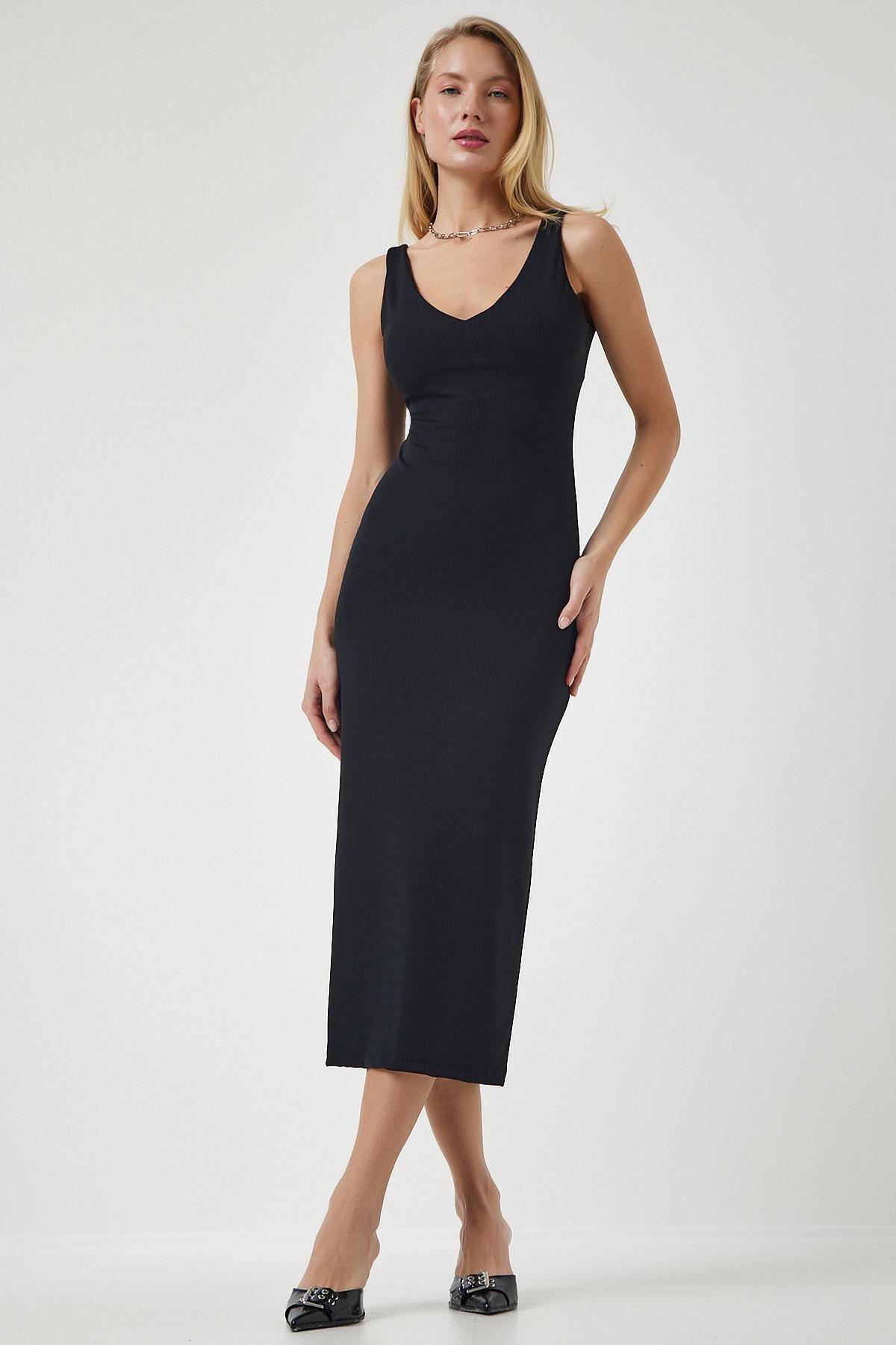 Black Strap V-Neck Ribbed Knitted Dress, C101_5720, large image number 0