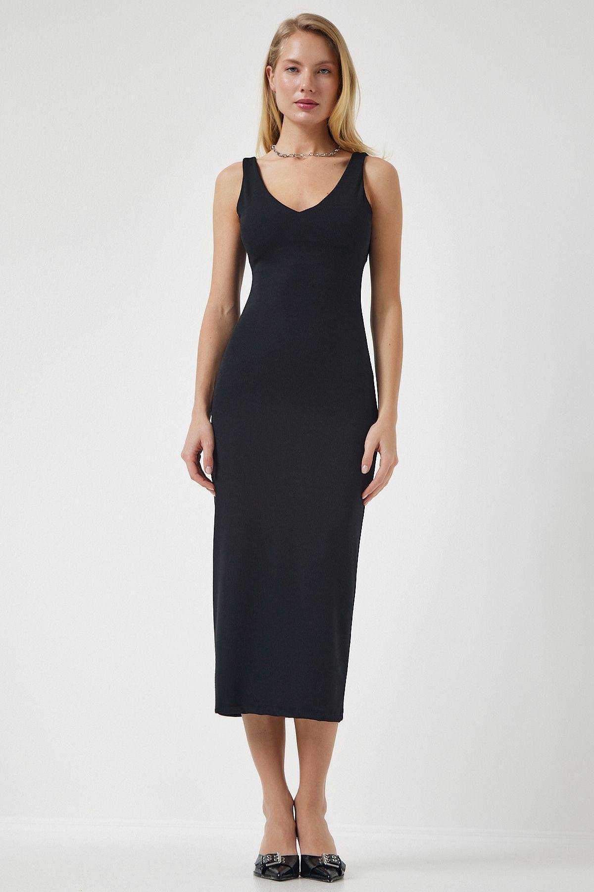 Black Strap V-Neck Ribbed Knitted Dress, C101_5720, large image number 1