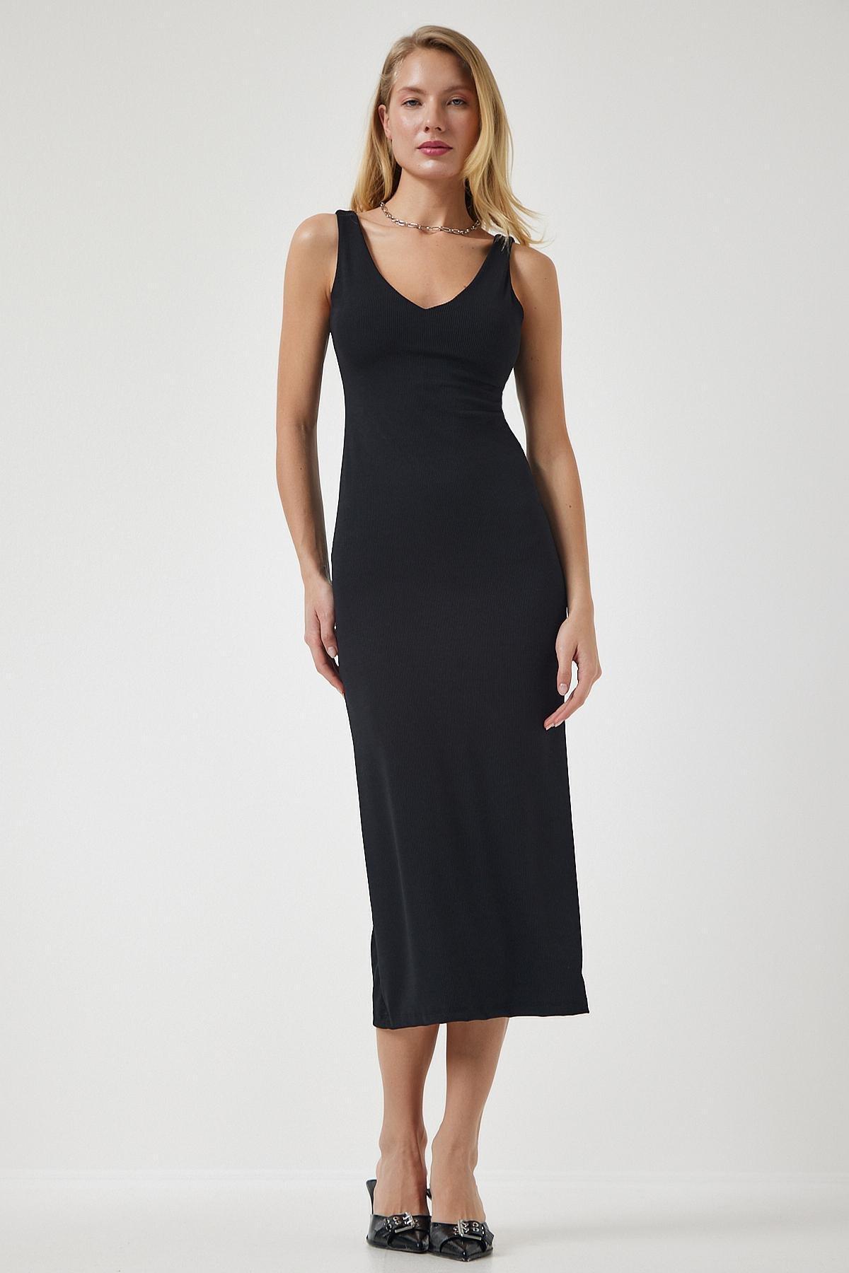 Black Strap V-Neck Ribbed Knitted Dress, C101_5720, large image number 2