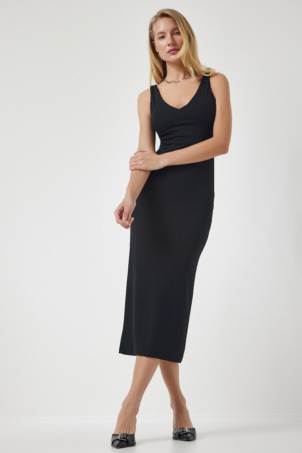 Black Strap V-Neck Ribbed Knitted Dress, C101_5720, large image number 3