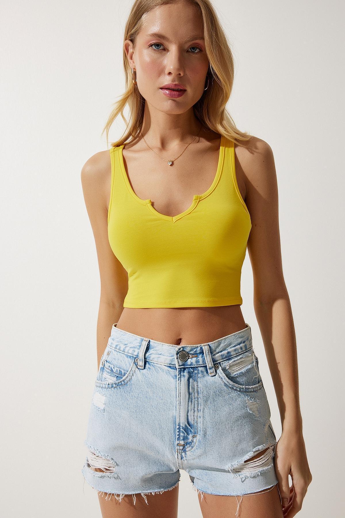 Yellow Strap Crop Knitted Blouse, , large image number 2