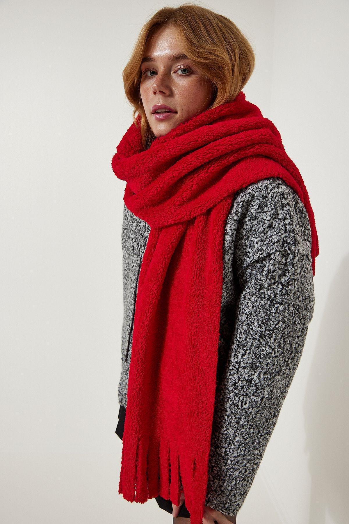 Red Tassel Detailed Fleece Scarf, C101_5690, large image number 1