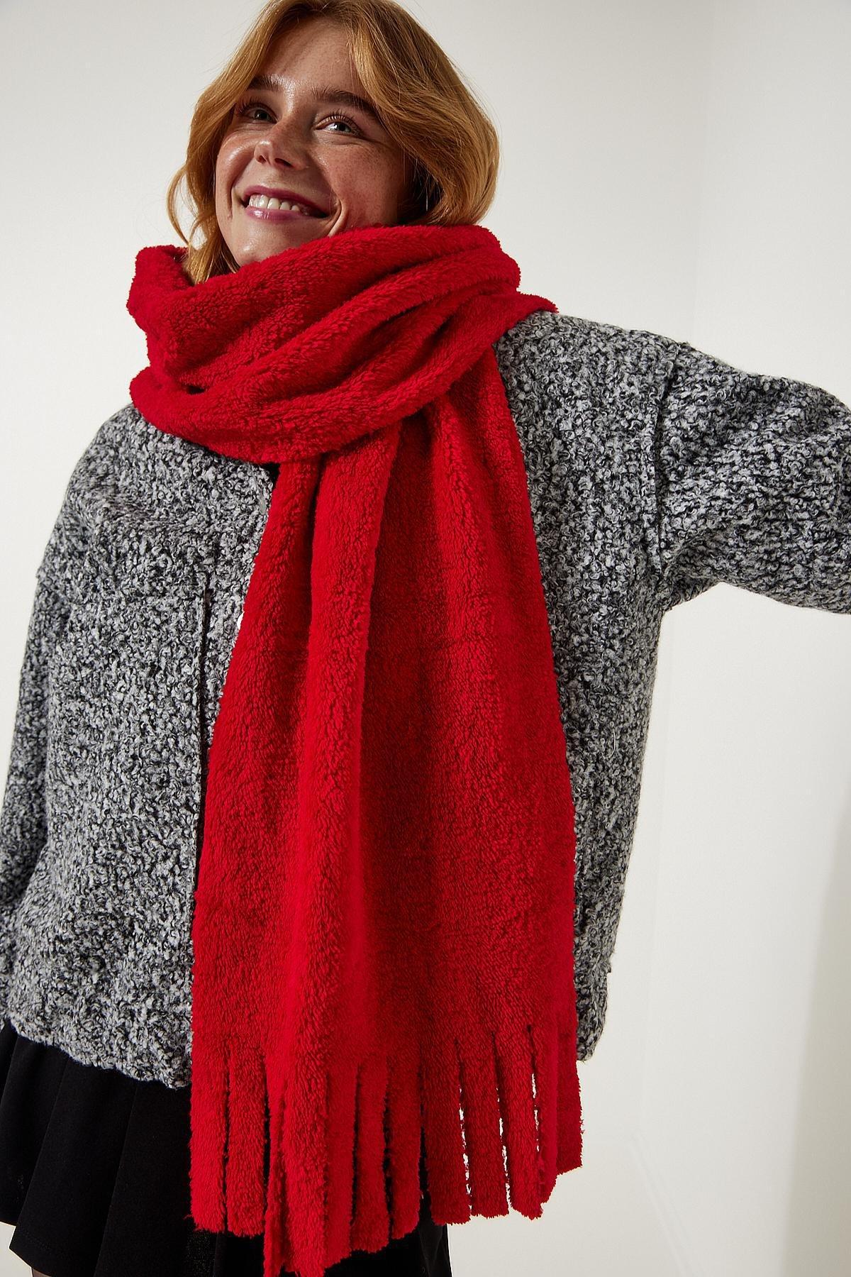 Red Tassel Detailed Fleece Scarf, C101_5690, large image number 2