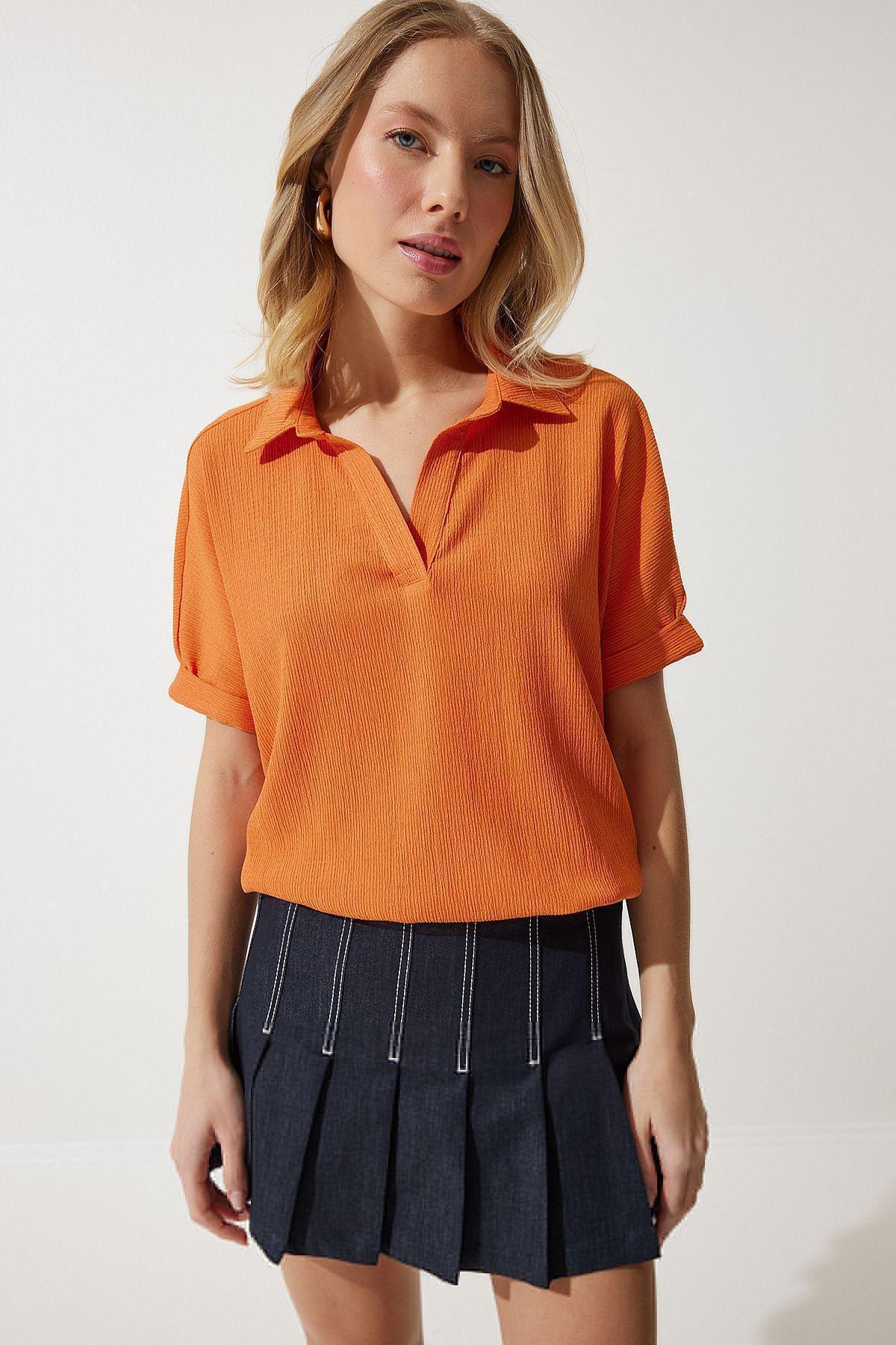Orange Polo Neck Knitted Blouse, Orange, large image number 1