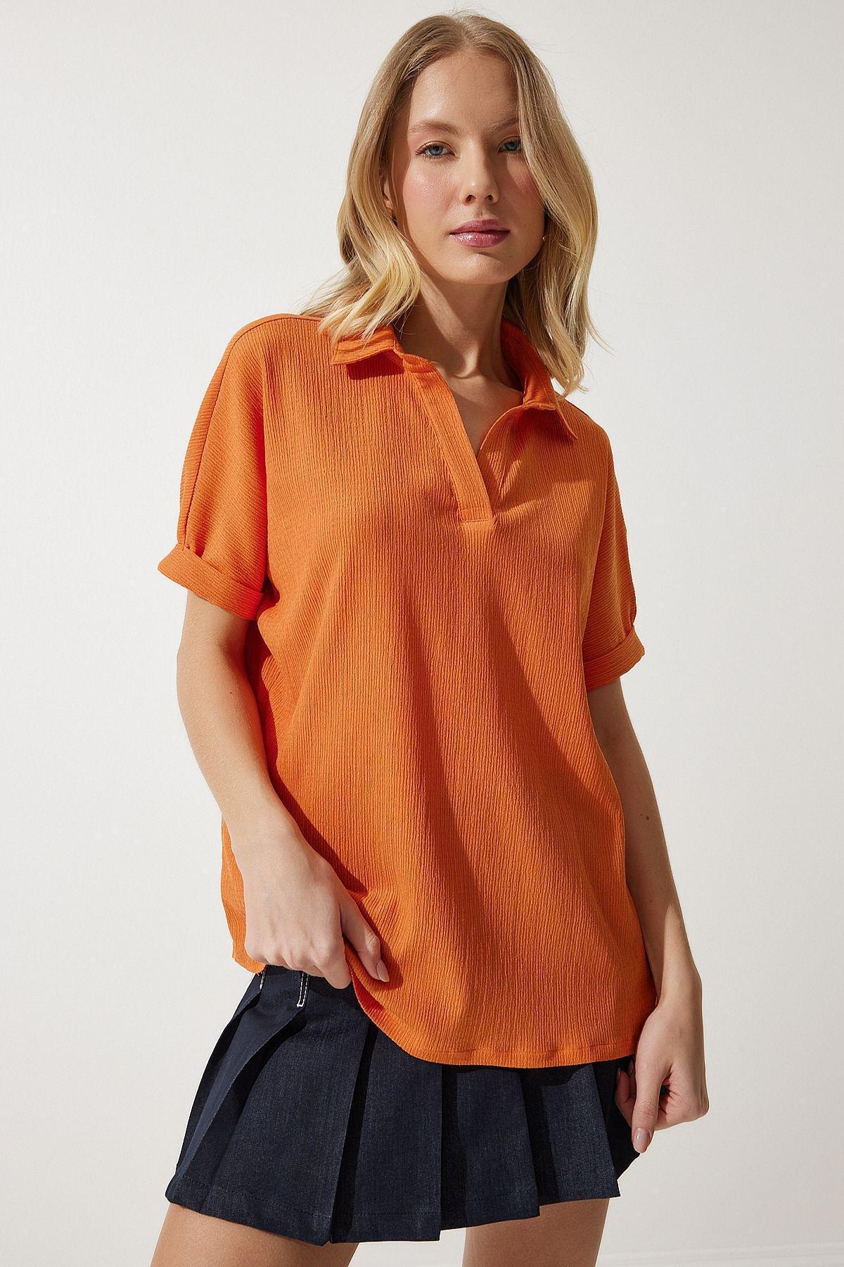 Orange Polo Neck Knitted Blouse, Orange, large image number 2