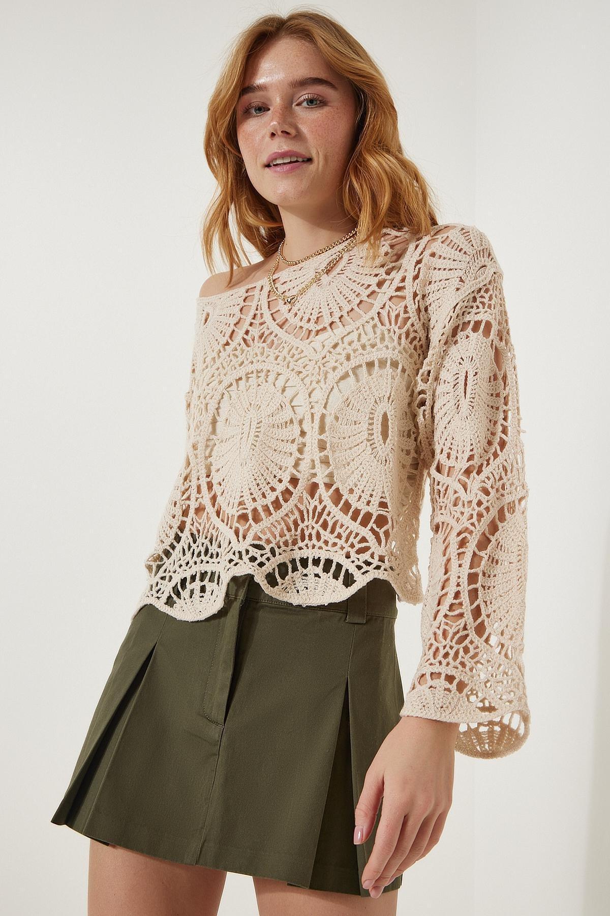 Cream Laced Knitted Blouse, Cream, large image number 0
