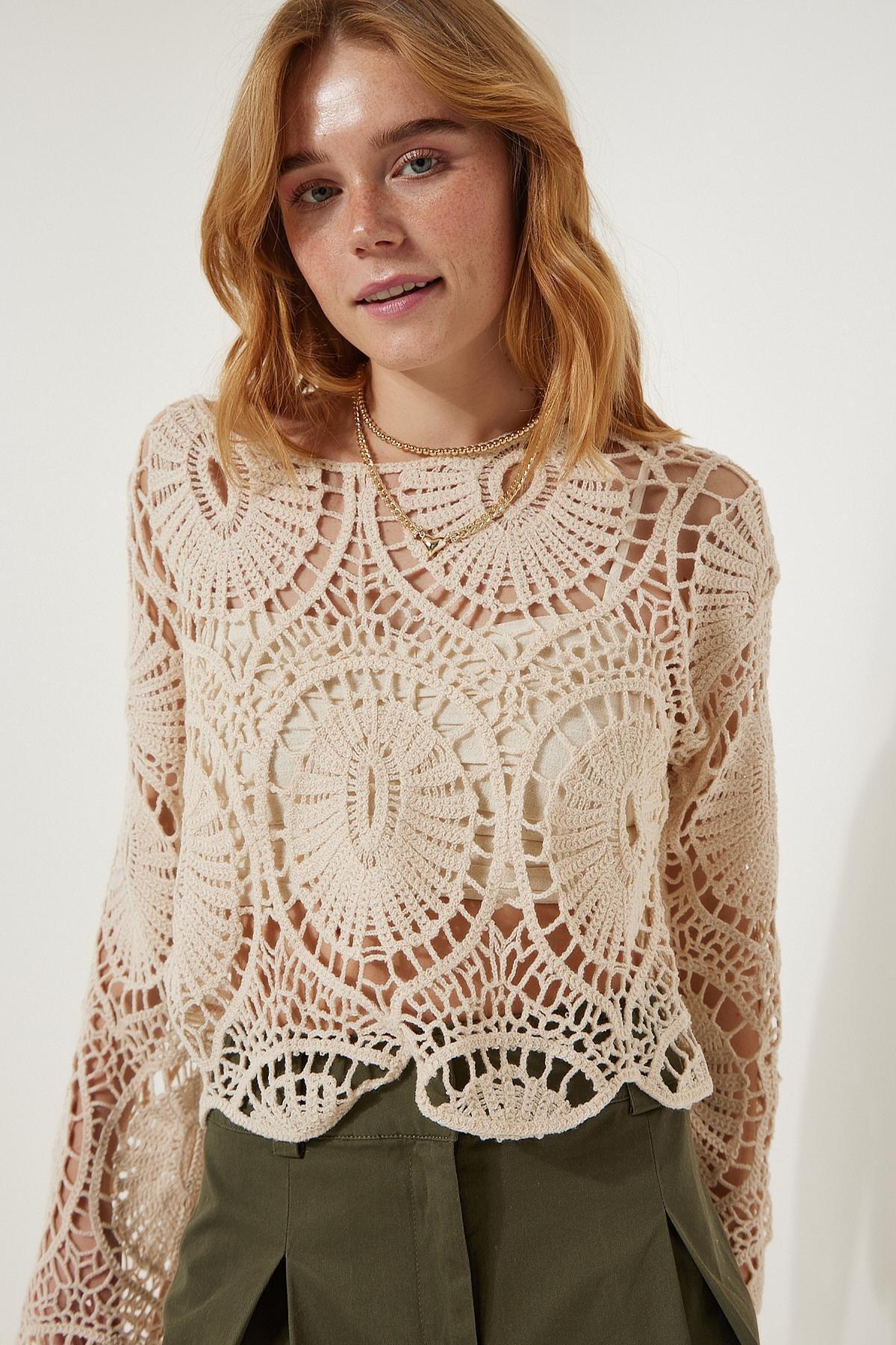 Cream Laced Knitted Blouse, Cream, large image number 2